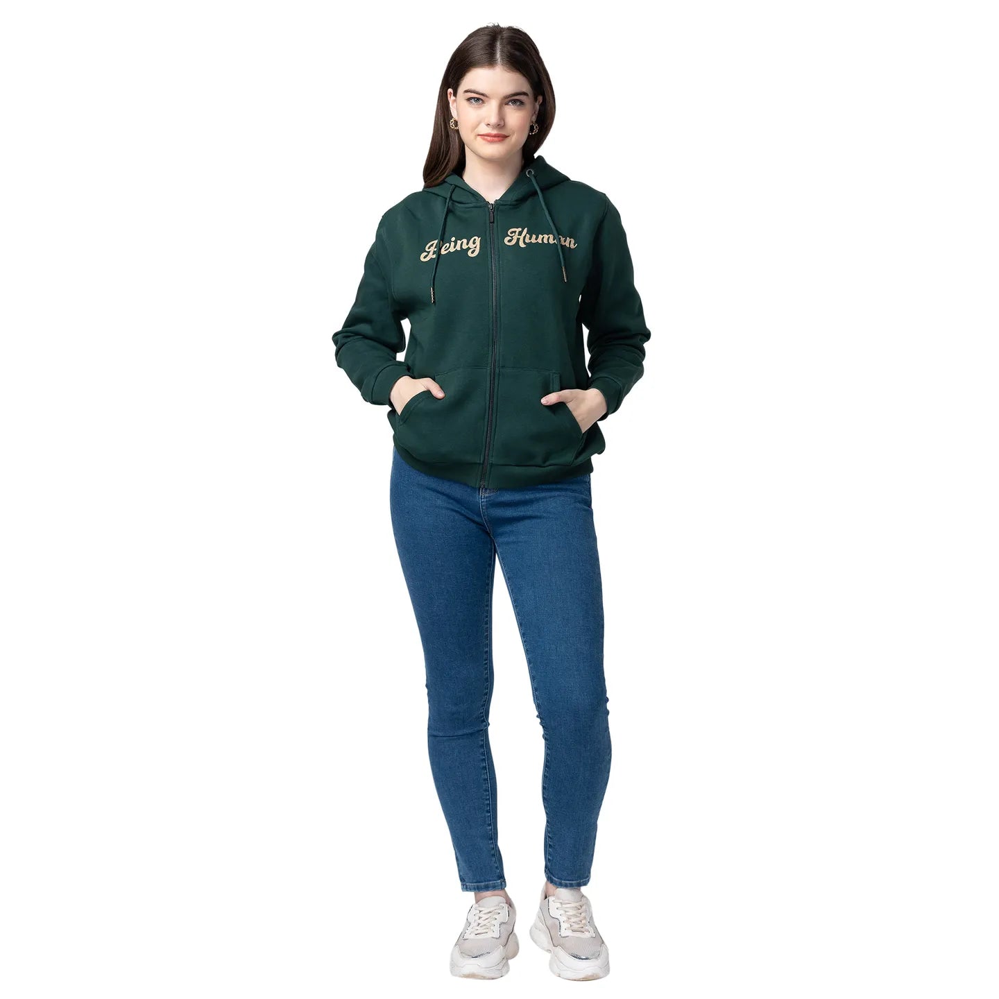 Being Human Clothing Women Regular Fit Hoody Jacket -Dark Green