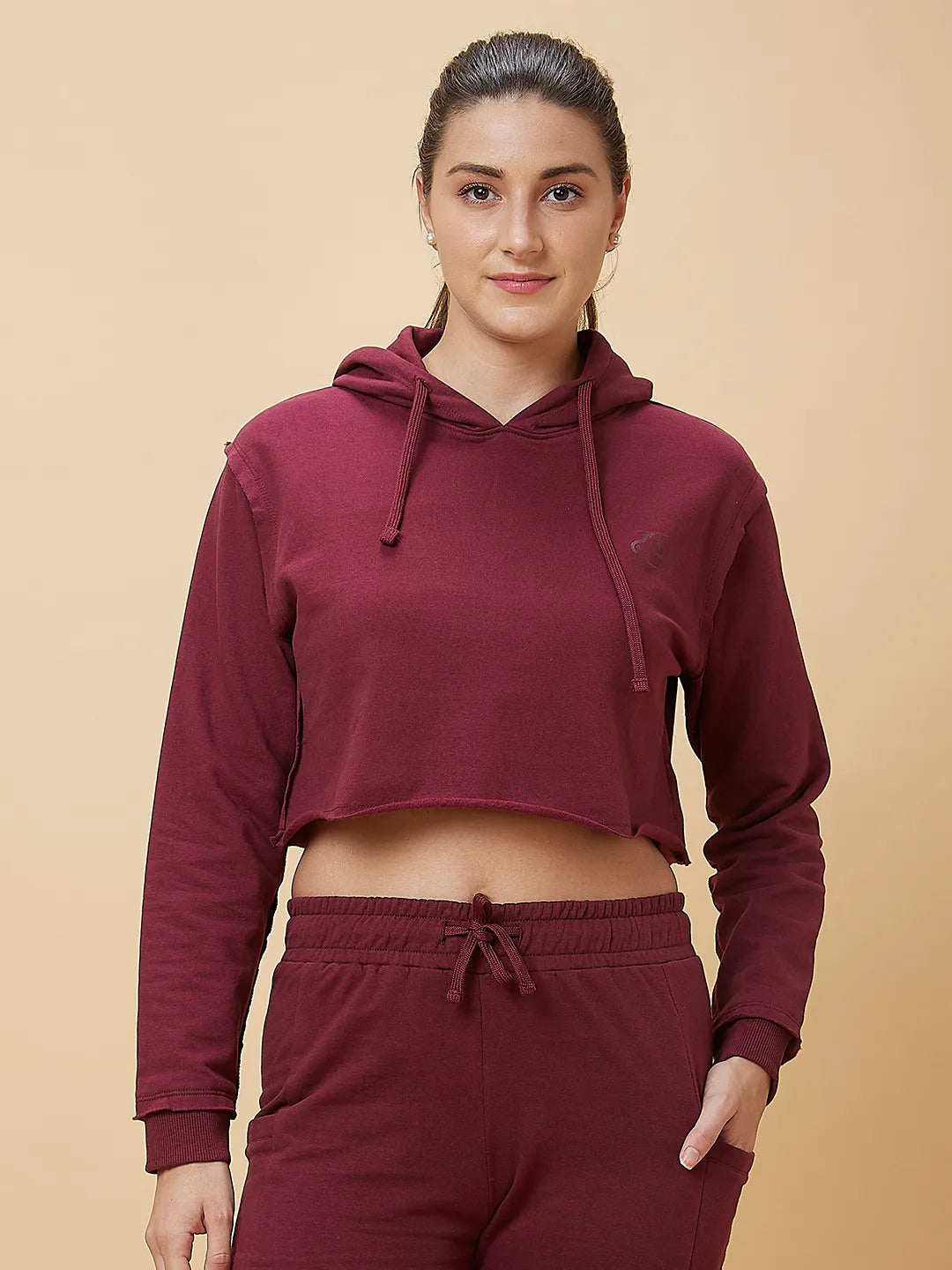 Women Cropped Fit Hoody Neck Hoody Maroon by Being Human Clothing