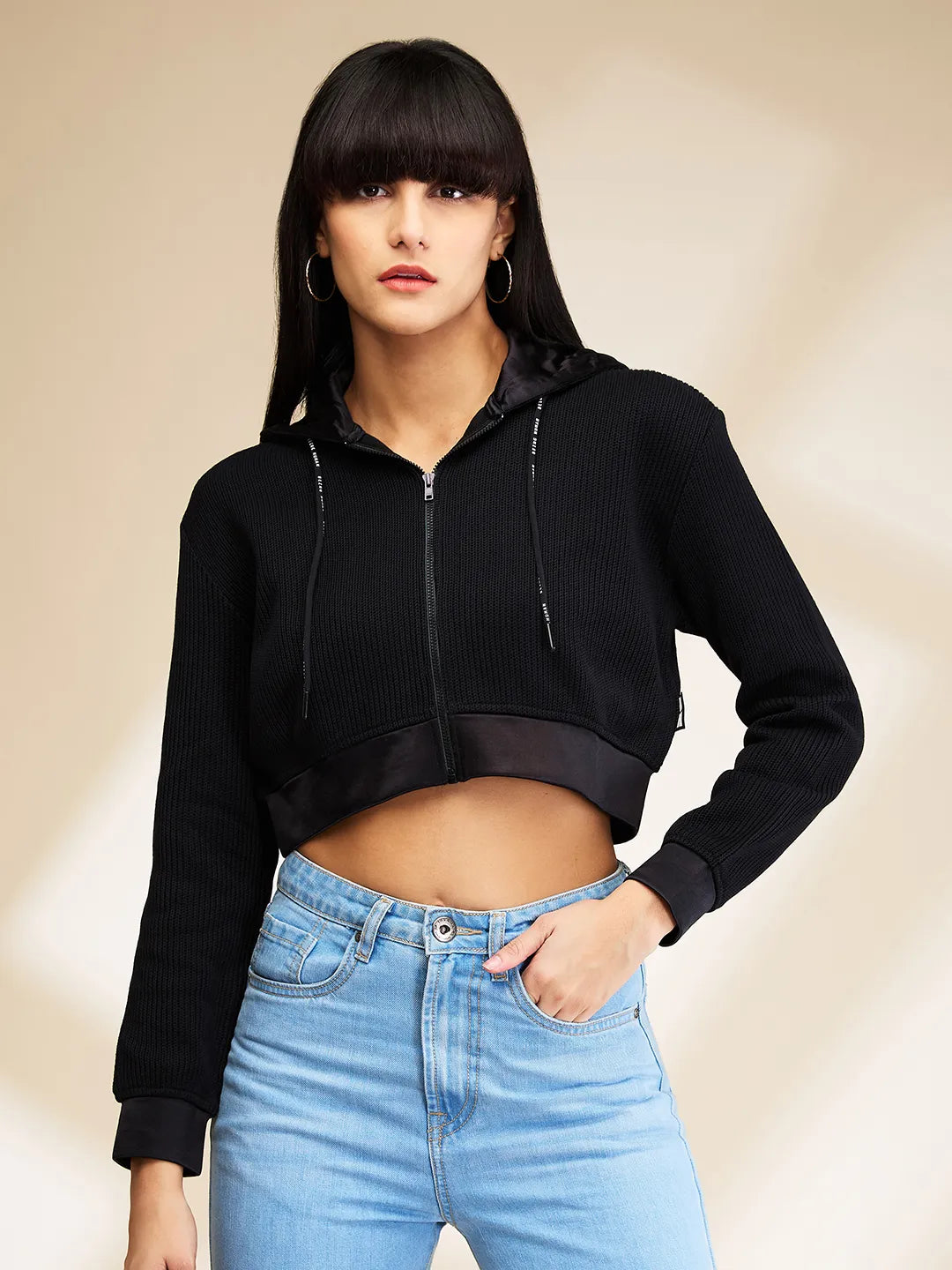 Black Boxy Fit Women's Long Sleeve Cropped Hoodie By Being Human Clothing