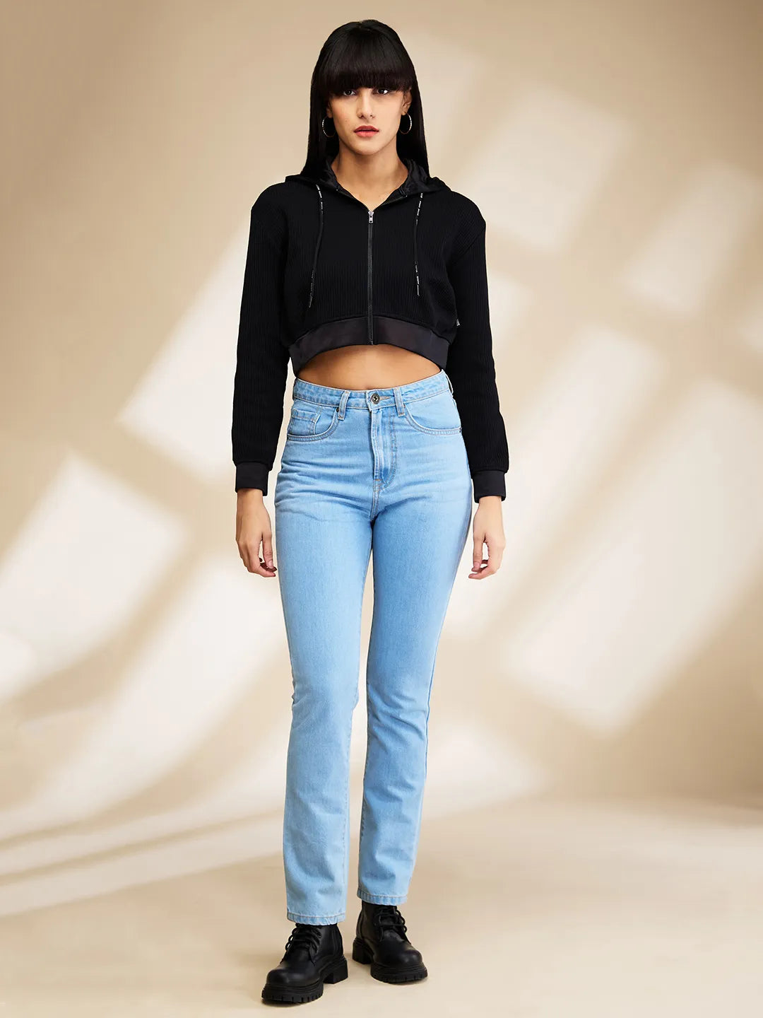 Black Boxy Fit Women's Long Sleeve Cropped Hoodie By Being Human Clothing