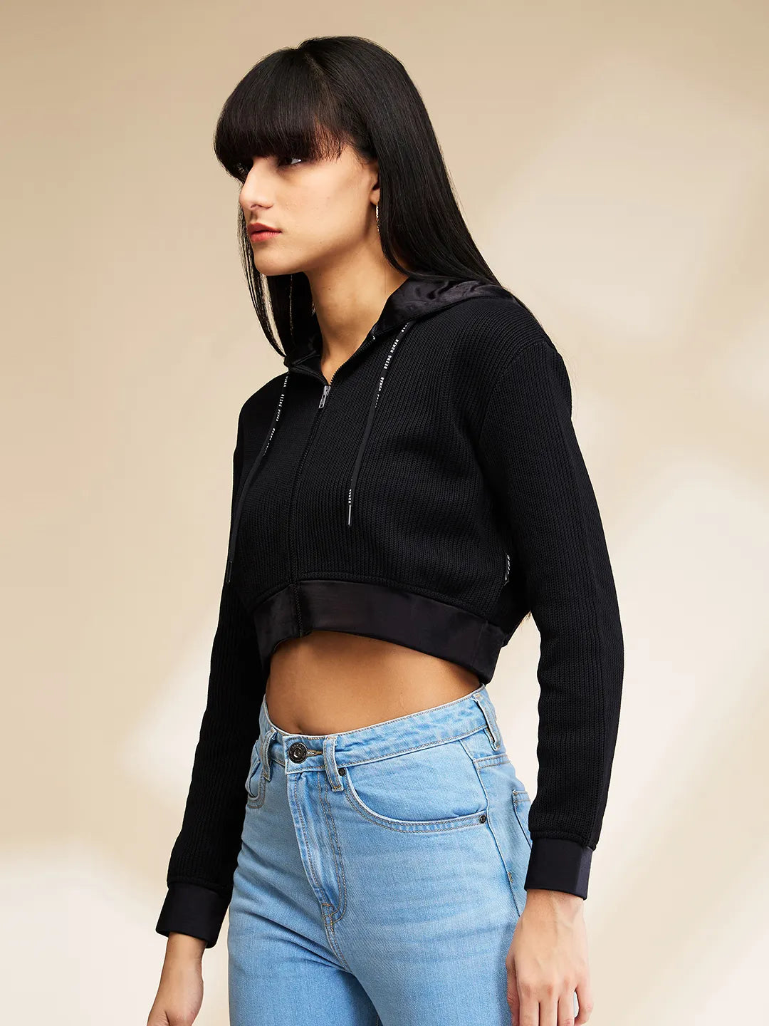 Black Boxy Fit Women's Long Sleeve Cropped Hoodie By Being Human Clothing