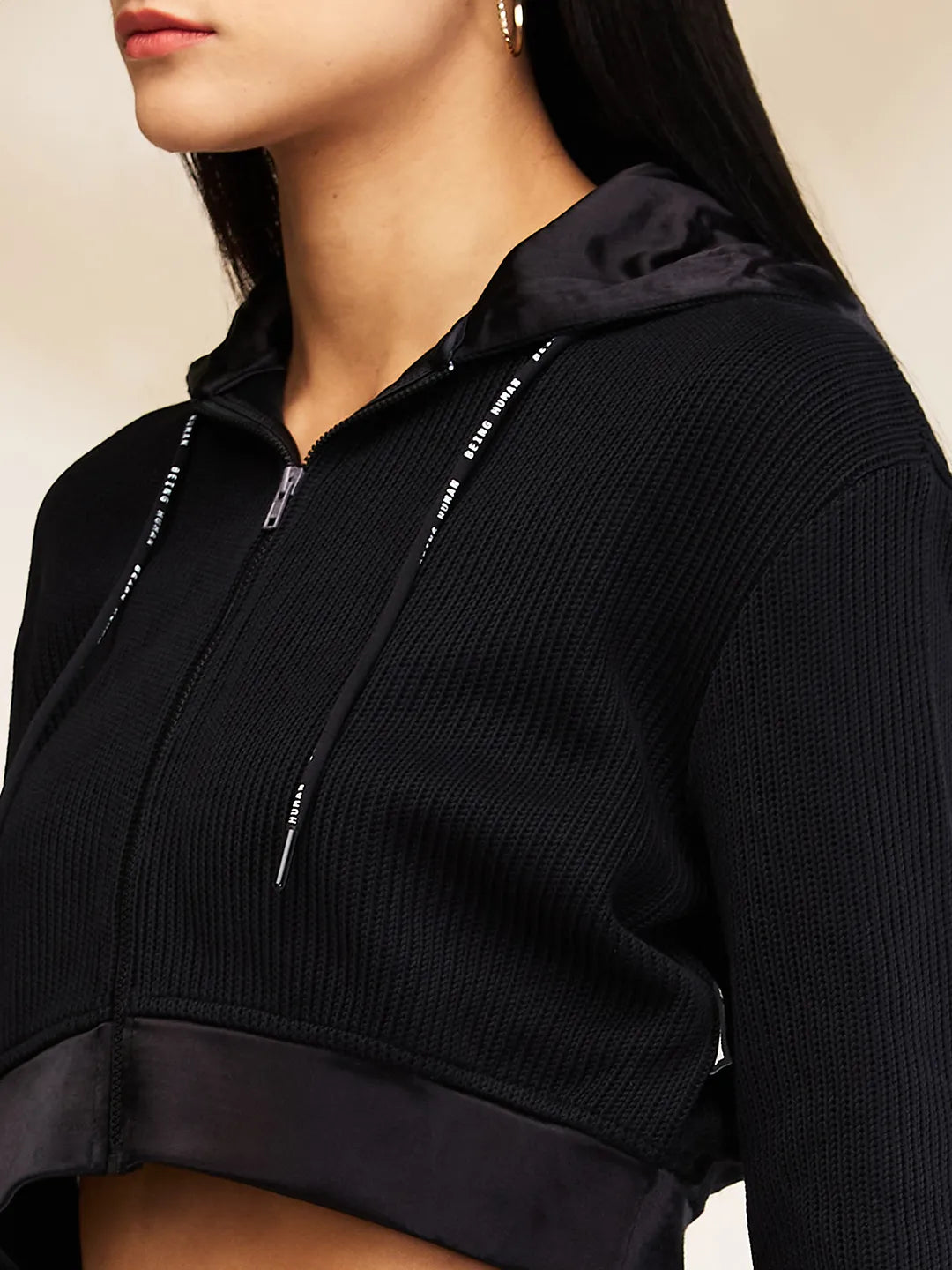 Black Boxy Fit Women's Long Sleeve Cropped Hoodie By Being Human Clothing