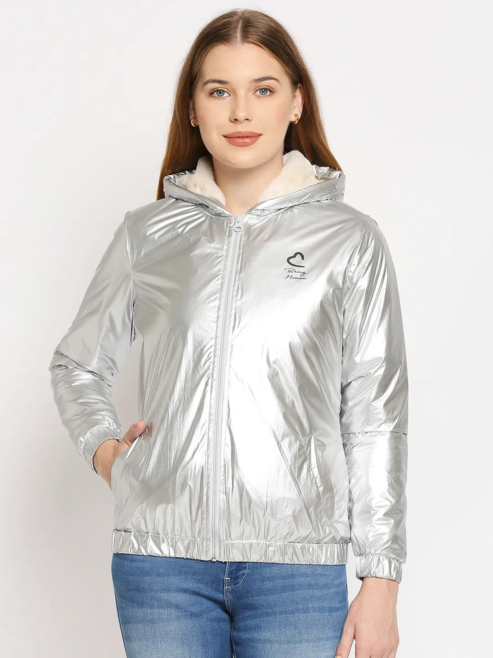 Silver Regular Fit Long Sleeves Polyester Women's Jacket by Being Human Clothing