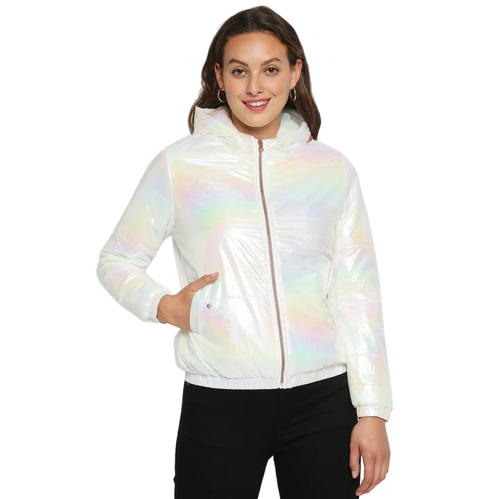 White Regular Fit Long Sleeves Nylon Women's Jacket