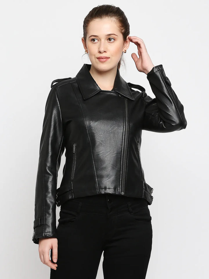 Black Regular Fit Long Sleeves Pu Women's Jacket