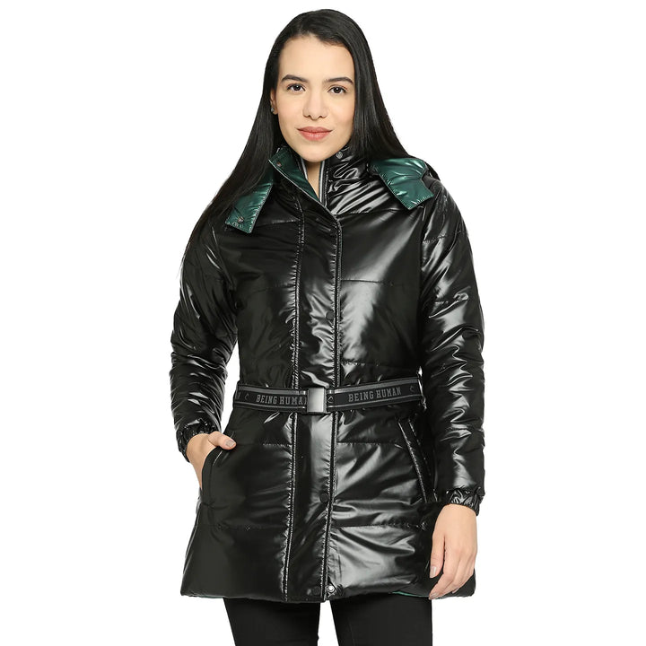 Dark Green Reversible Regular Fit Long Sleeve Women's Puffer Jacket