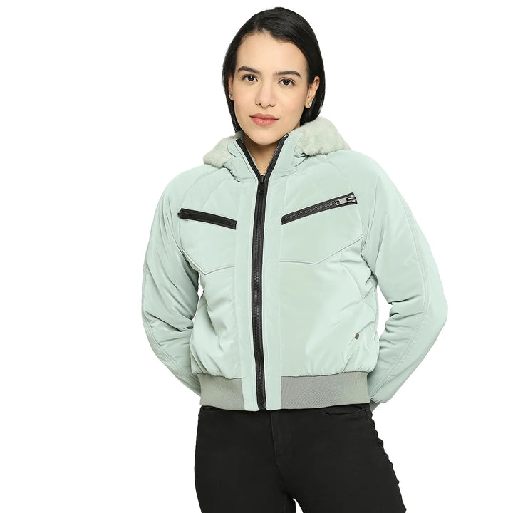 Green Boxy Bomber Fit Long Sleeves Polyester Women's Jacket