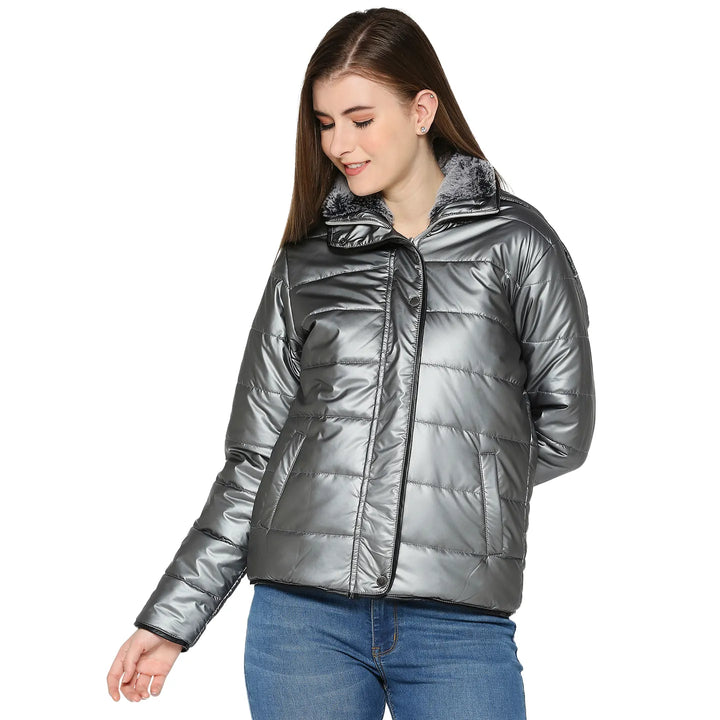 Grey Semi Fit High Neck Long Sleeves Women's Jacket