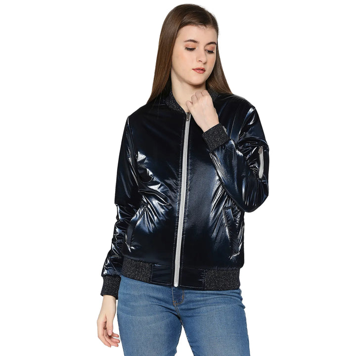 Blue Semi Fit High Neck Long Sleeves Women's Jacket