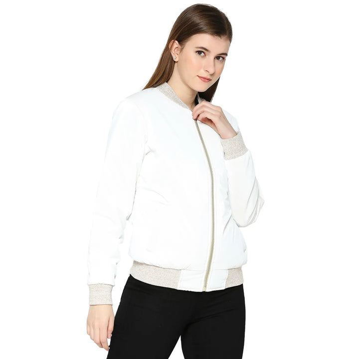 White Semi Fit High Neck Long Sleeves Women's Jacket