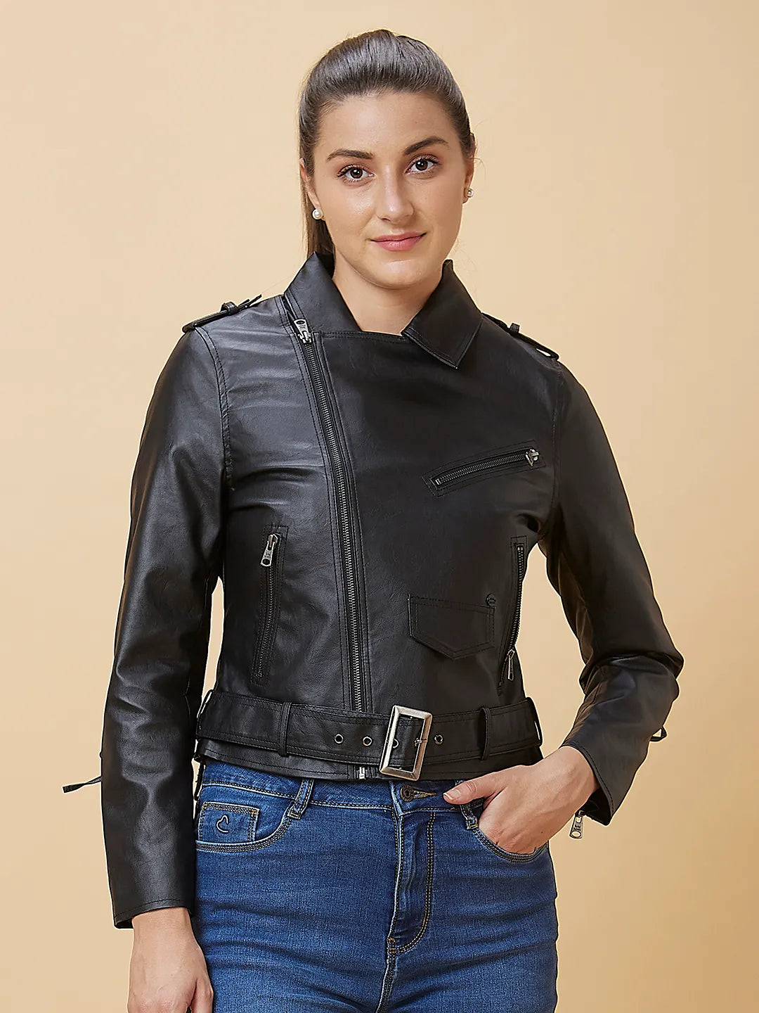 Being Human Clothing Women Biker Jacket Collar Neck Black