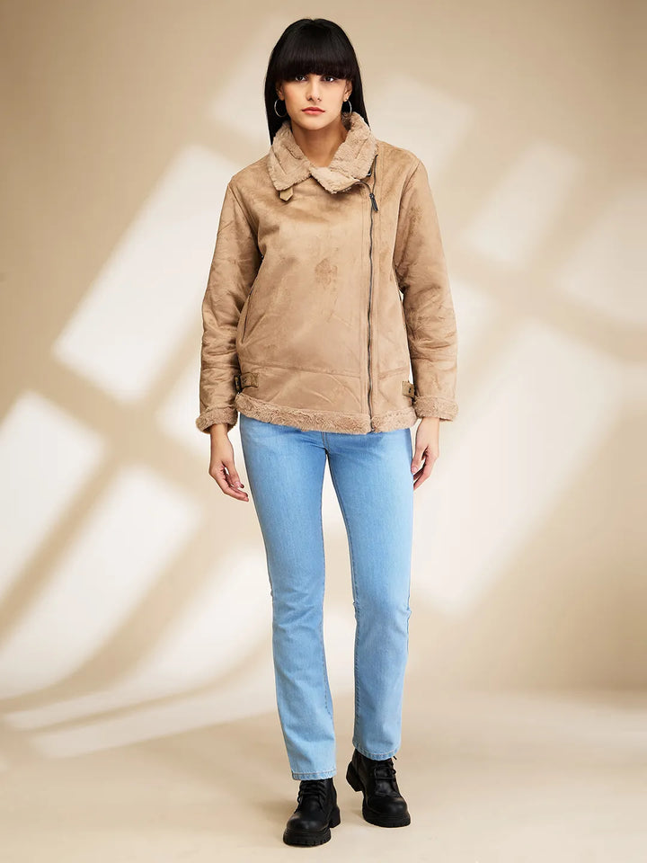 Light Brown Biker Fit Long Sleeve Women's Jacket
