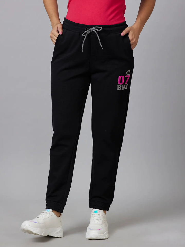 Black Mid Rise Regular Fit Cotton Women's Track Pants