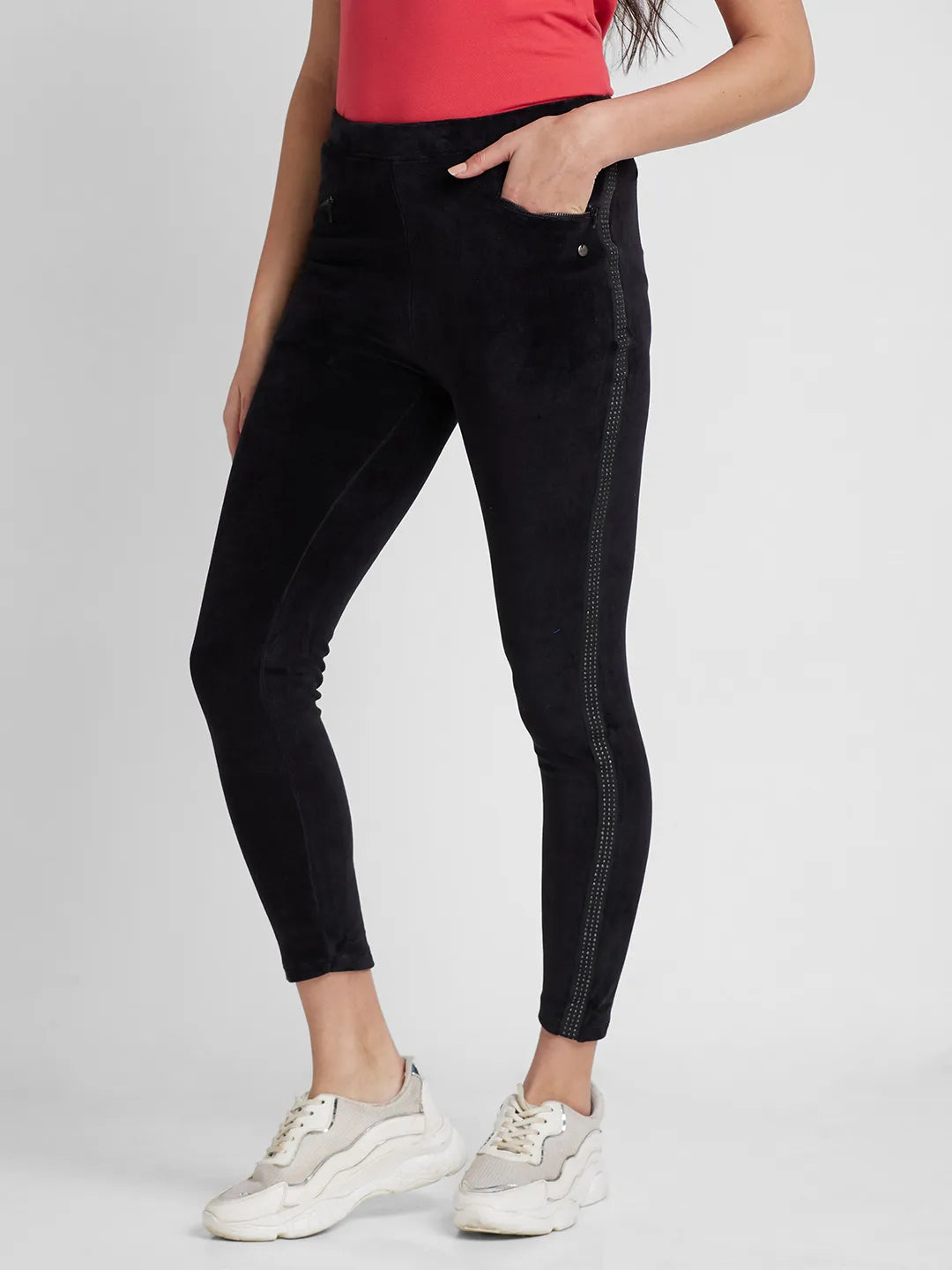 Black Slim Fit Women's Cotton Blend Leggings By Being Human Clothing