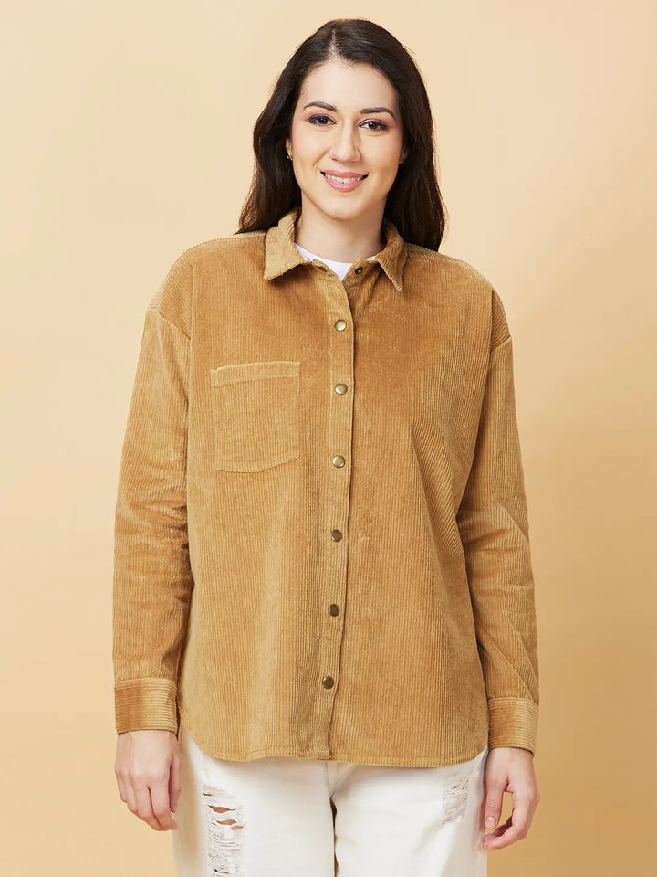 Beige Loose Fit Women's Cotton Shirts By Being Human Clothing