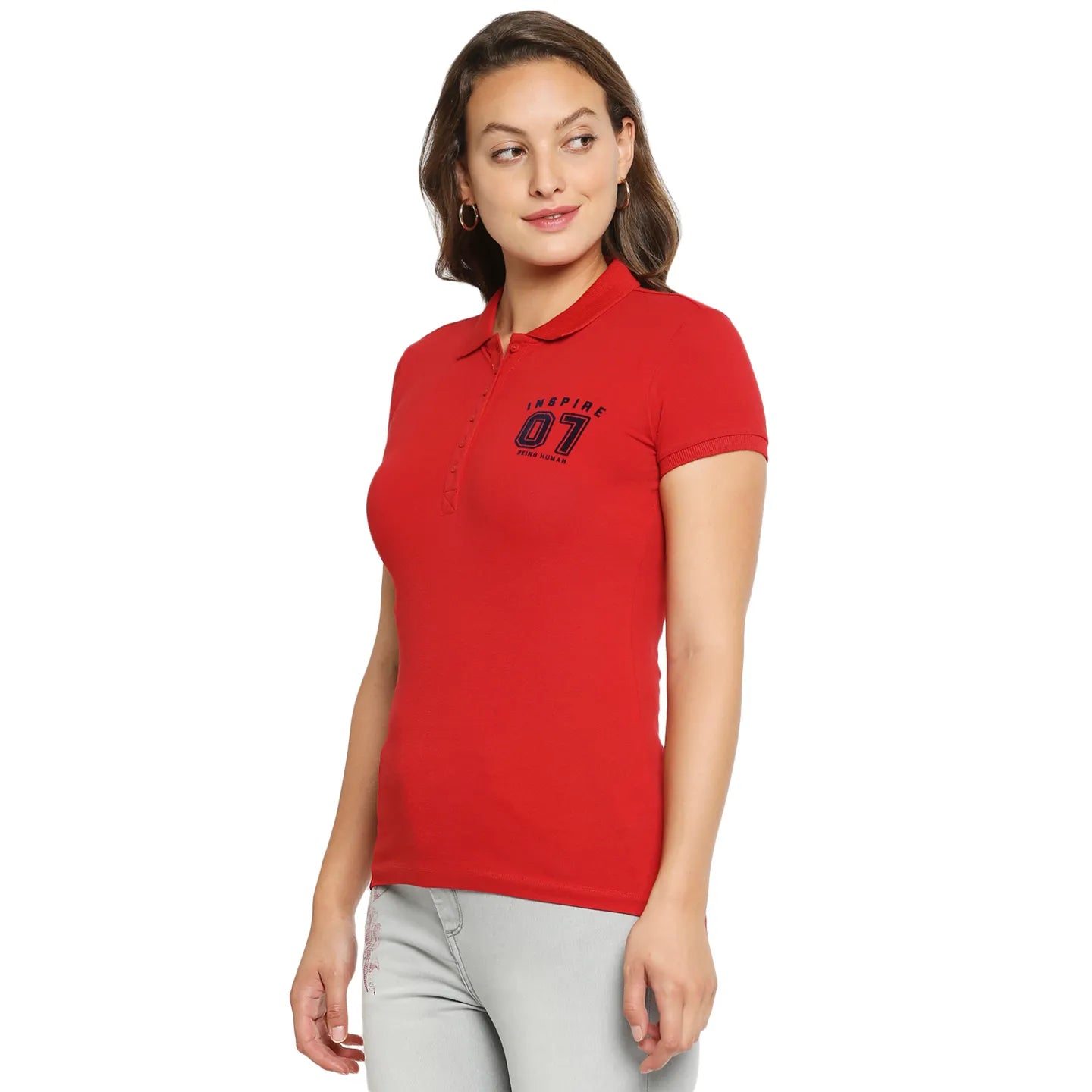 Being Human Clothing Women Slim Fit Polo Neck T-Shirts-Bright Red