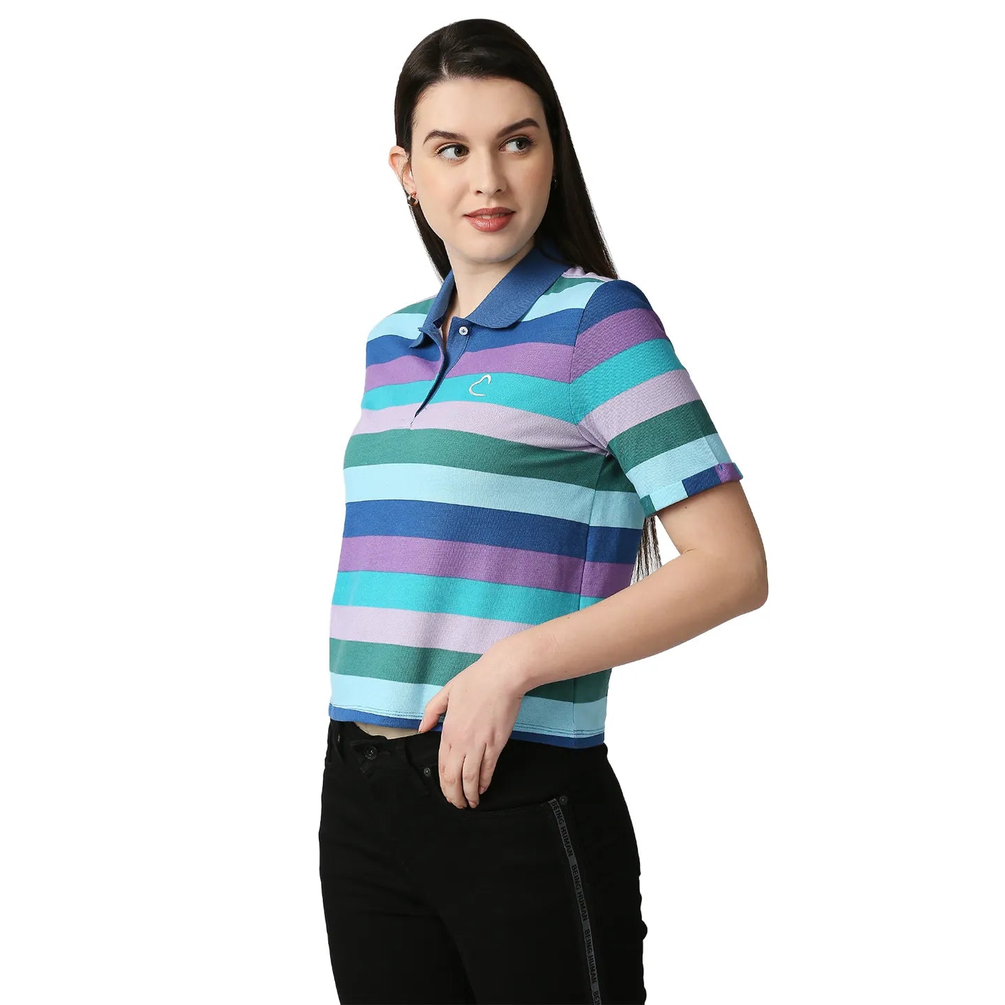 Being Human Clothing Women Crop Boxy Fit Polo Neck T-Shirts-Blue Multi Striper