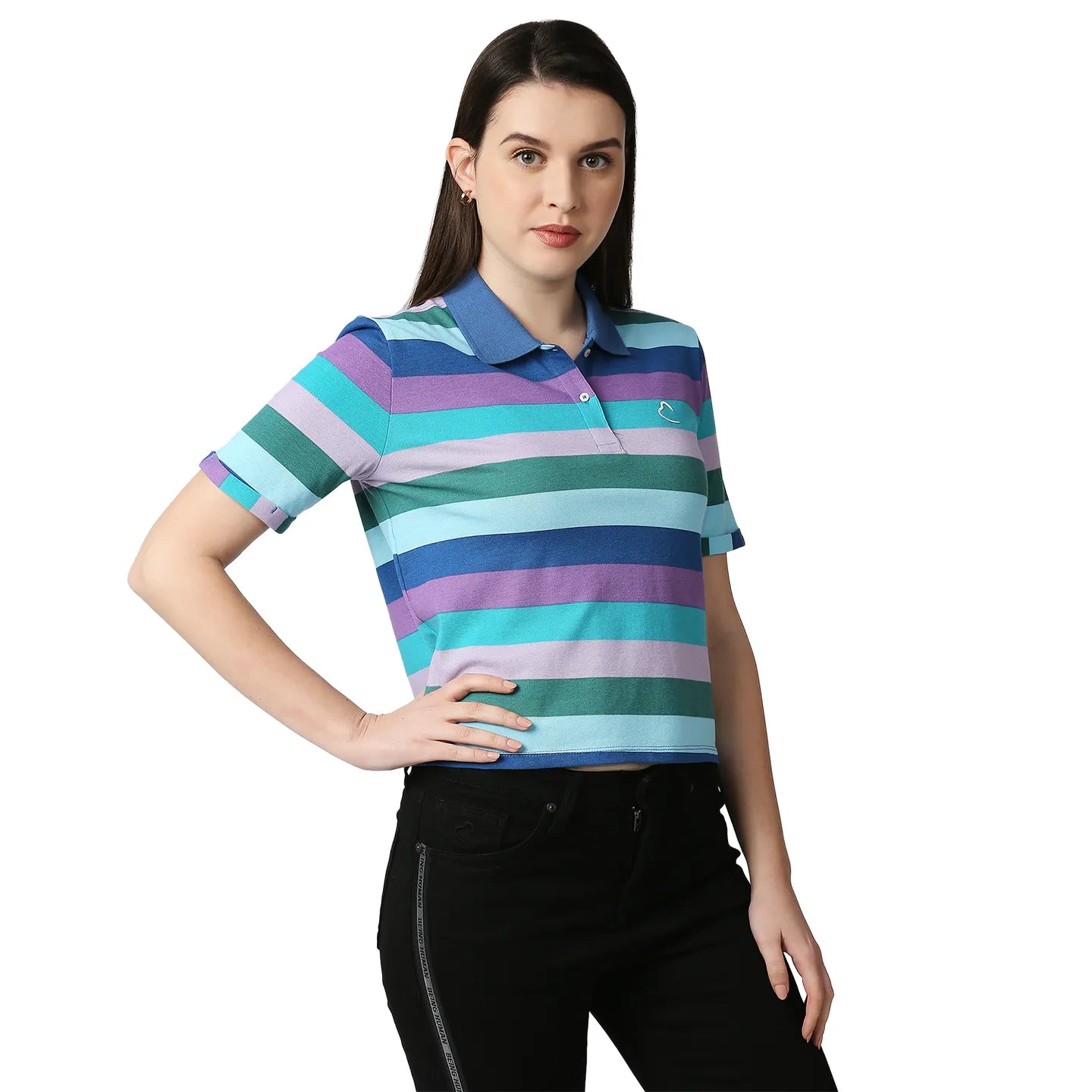 Being Human Clothing Women Crop Boxy Fit Polo Neck T-Shirts-Blue Multi Striper