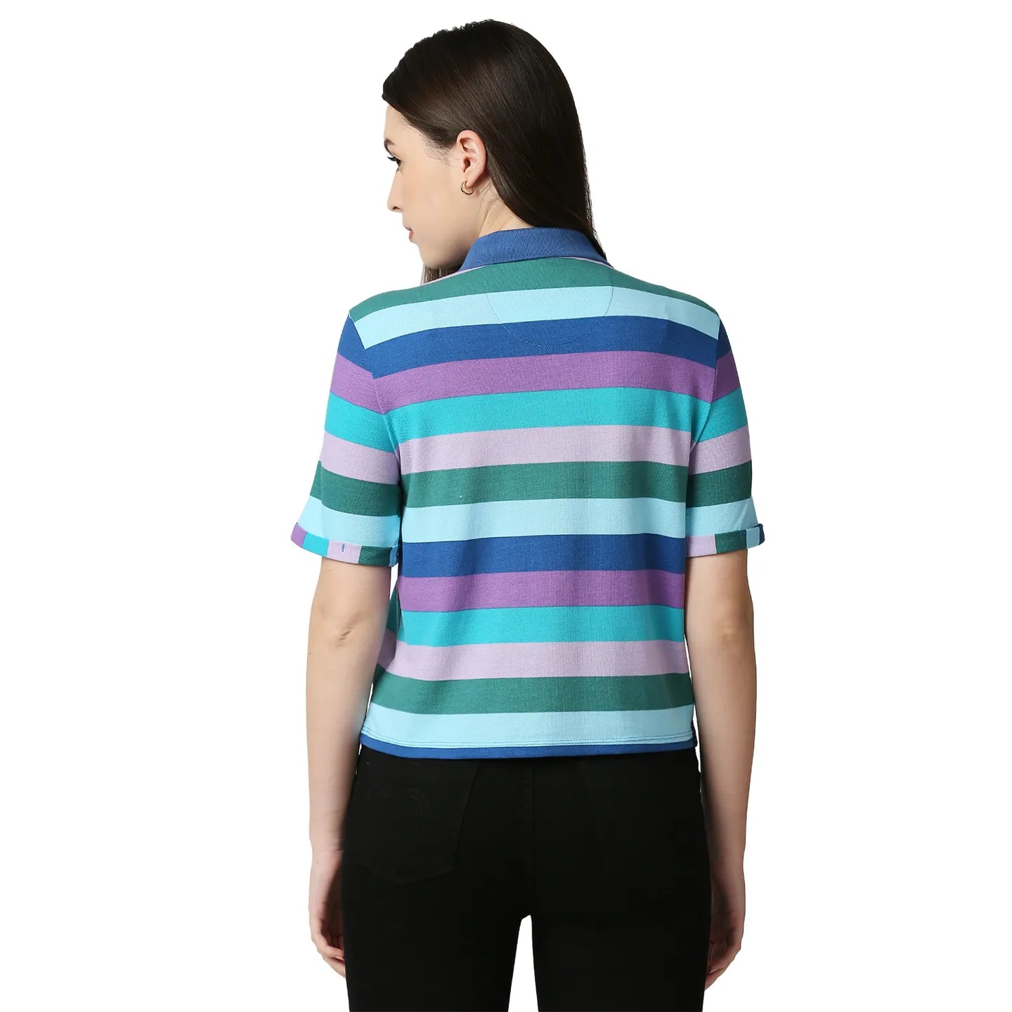 Being Human Clothing Women Crop Boxy Fit Polo Neck T-Shirts-Blue Multi Striper