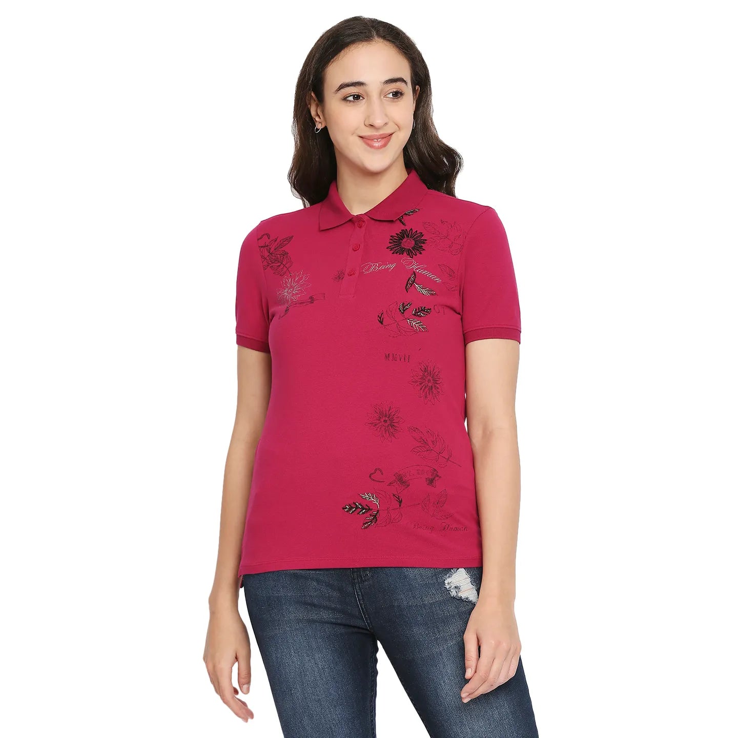 Being Human Clothing Women Polo Neck T-Shirts-Festive Fuchsia