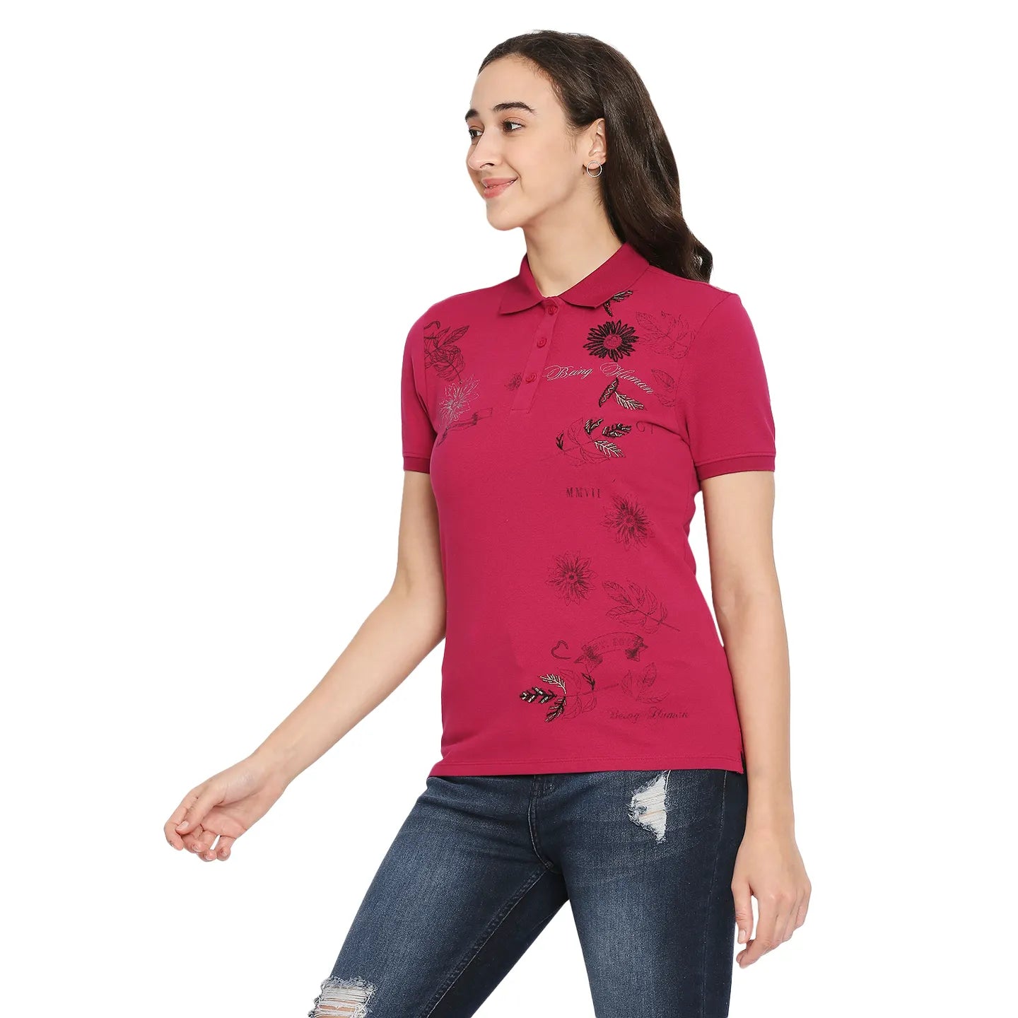 Being Human Clothing Women Polo Neck T-Shirts-Festive Fuchsia