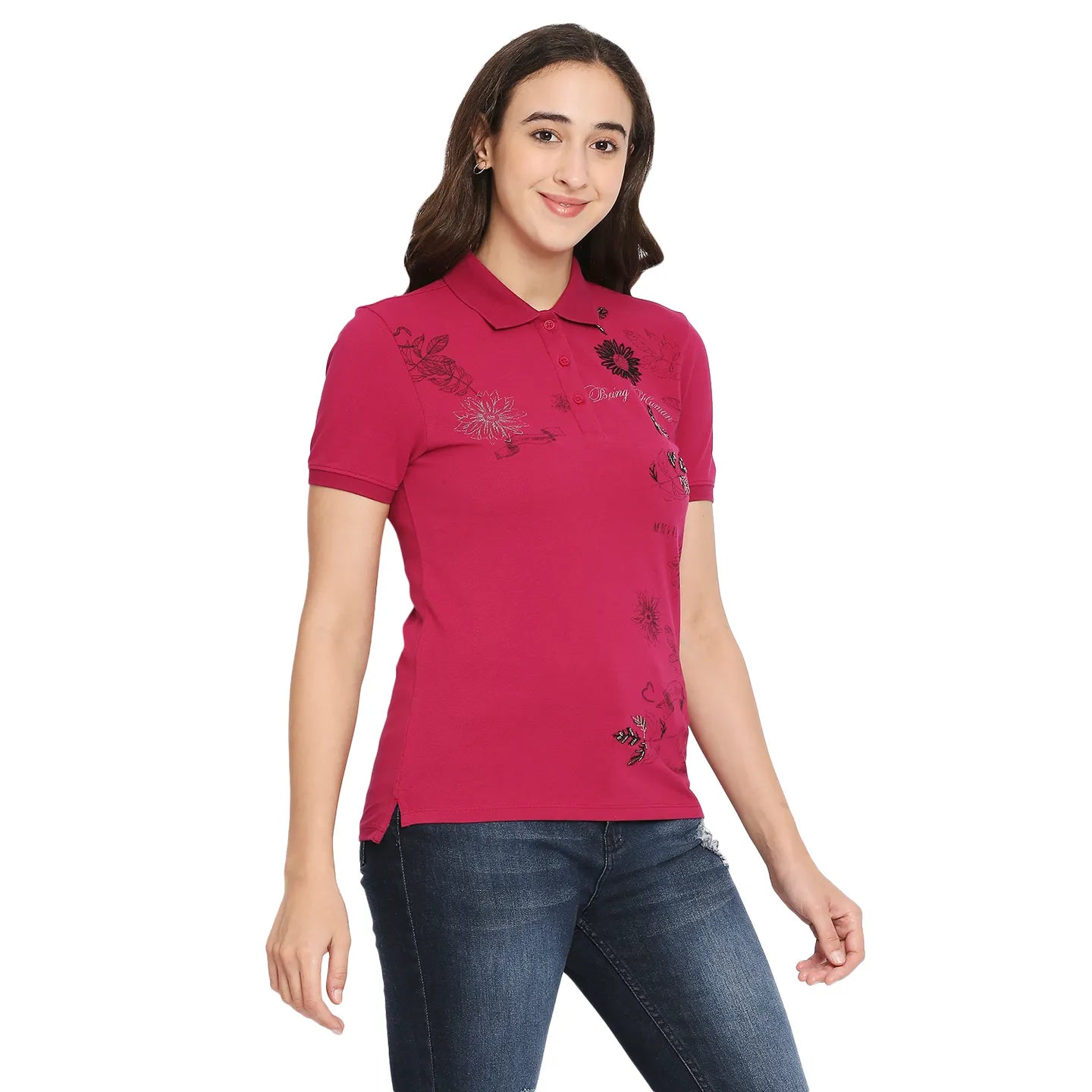 Being Human Clothing Women Polo Neck T-Shirts-Festive Fuchsia