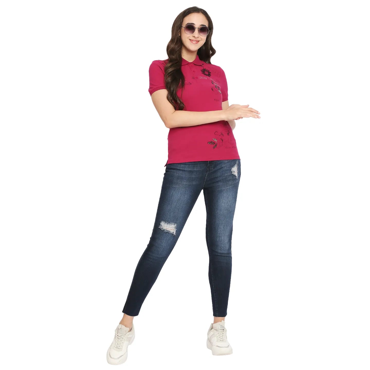Being Human Clothing Women Polo Neck T-Shirts-Festive Fuchsia