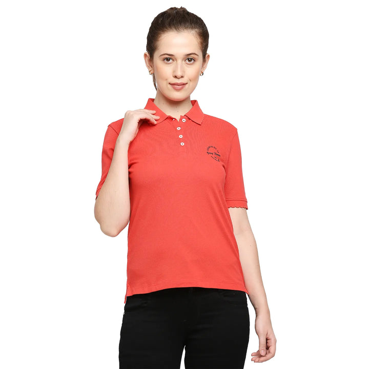 Red Semi Fit Polo Collar Short Sleeves Micro Pique Women's T-Shirt by Being Human Clothing