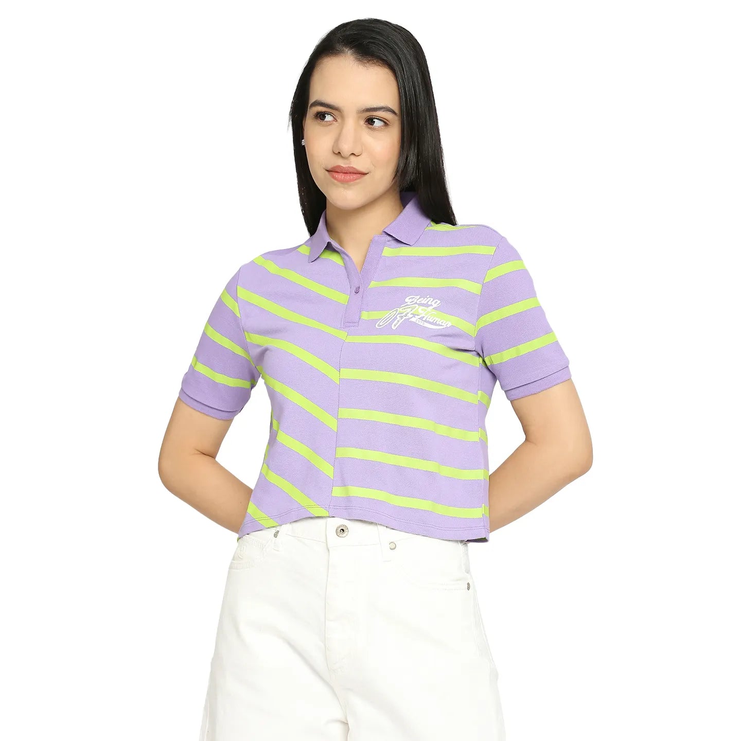 Being Human Clothing Crop Boxy Fit Polo Women Polo Neck T-Shirts-Sand Verbena+Lime Punch