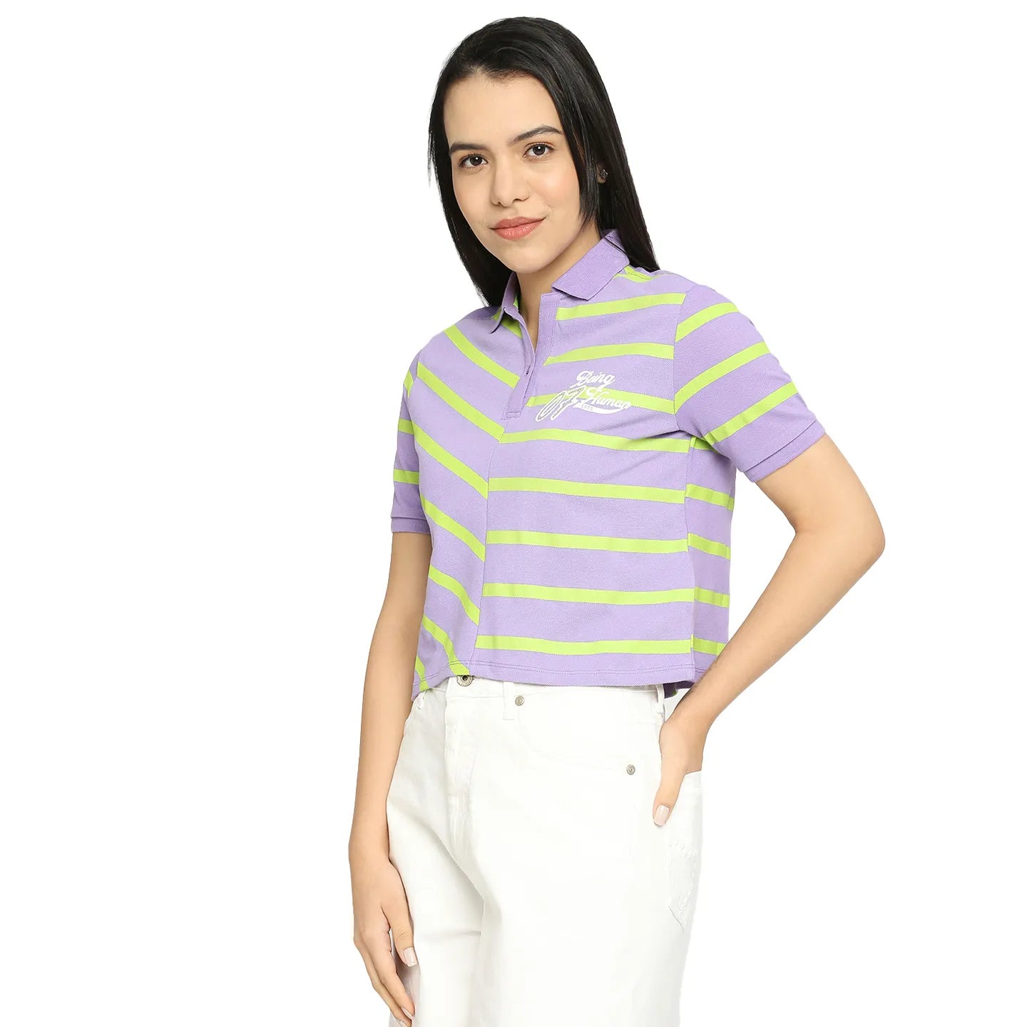 Being Human Clothing Crop Boxy Fit Polo Women Polo Neck T-Shirts-Sand Verbena+Lime Punch