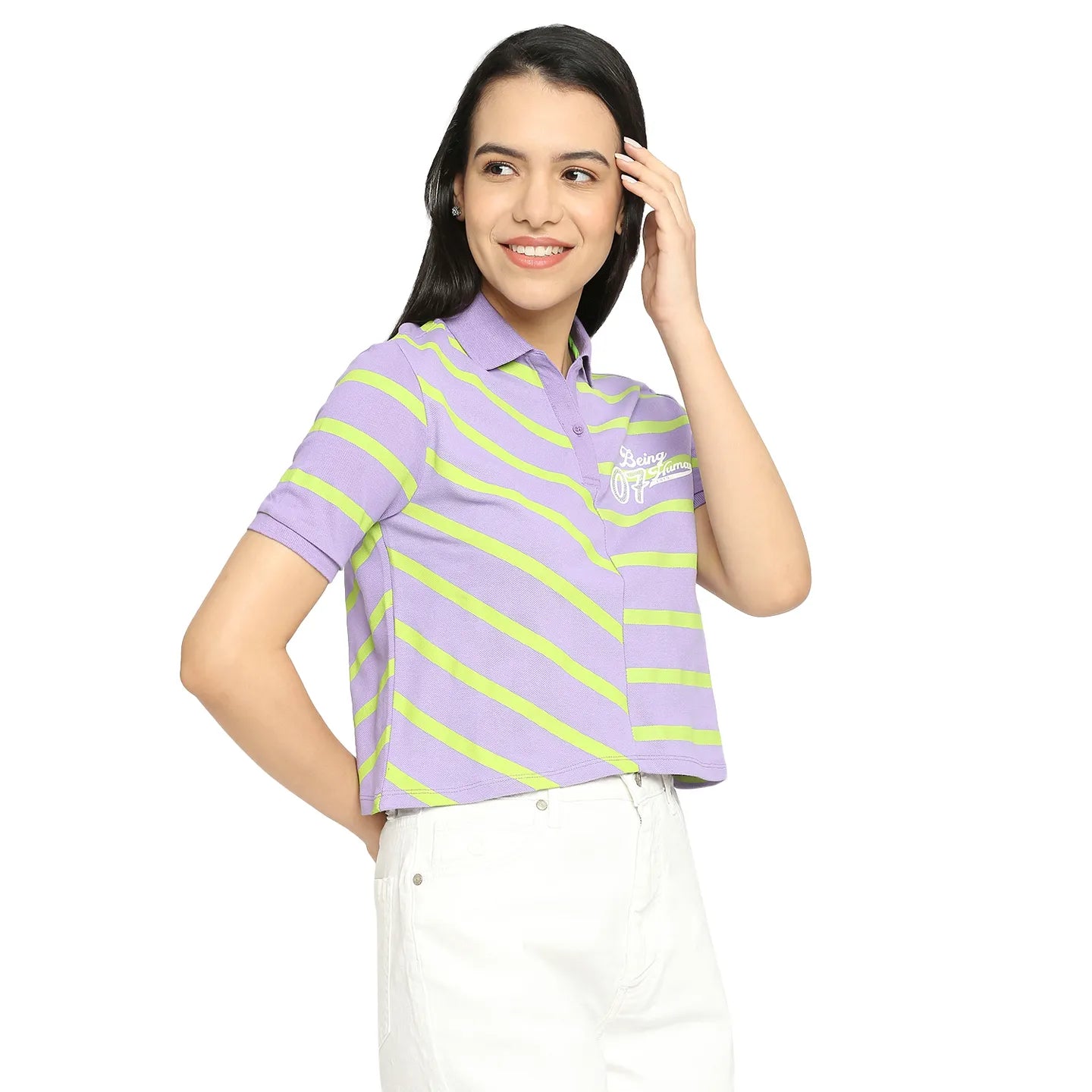 Being Human Clothing Crop Boxy Fit Polo Women Polo Neck T-Shirts-Sand Verbena+Lime Punch