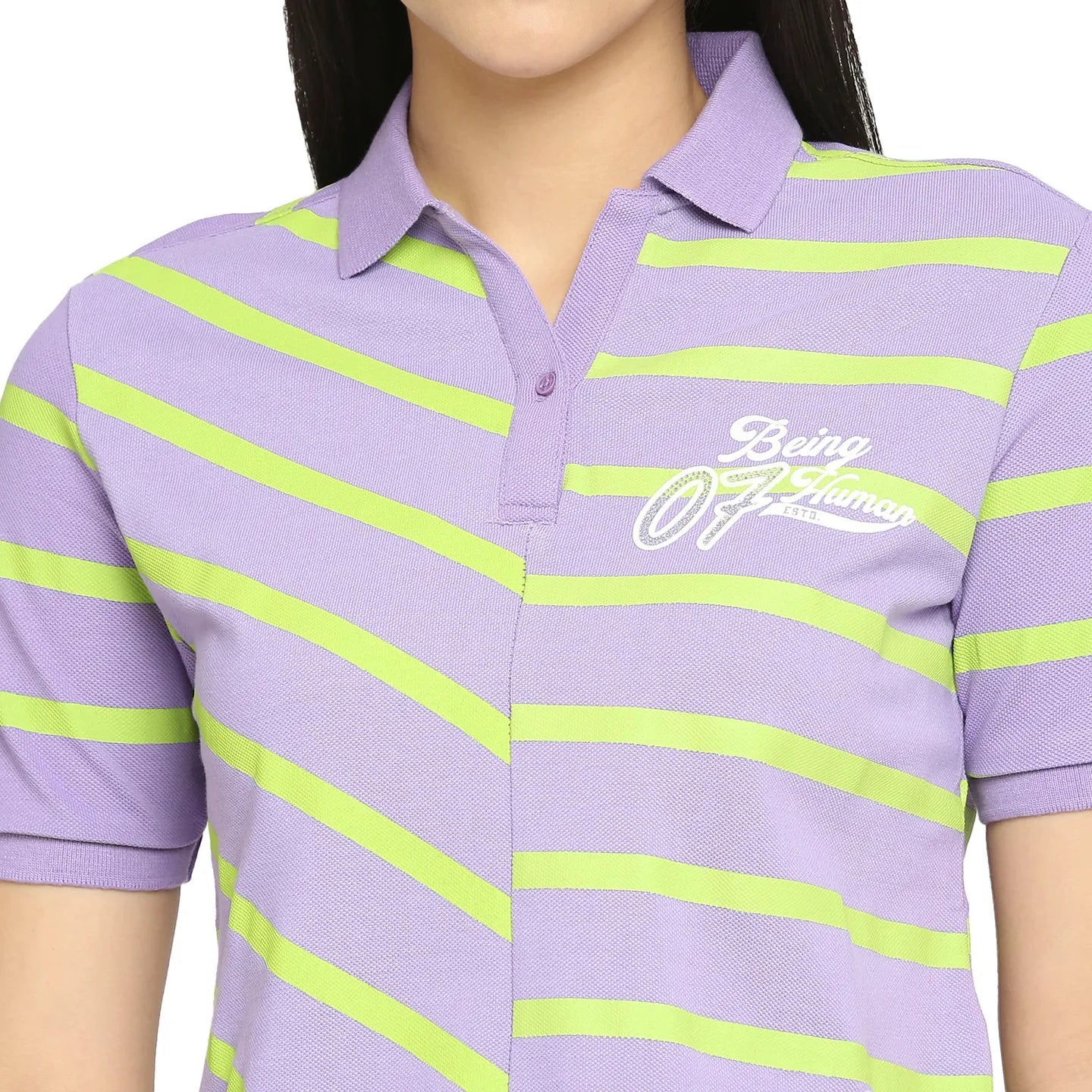 Being Human Clothing Crop Boxy Fit Polo Women Polo Neck T-Shirts-Sand Verbena+Lime Punch