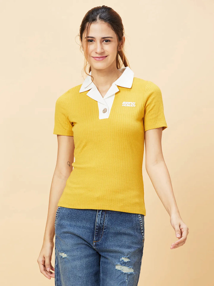 Golden Yellow Slim Fit Women's Cotton Polo T-Shirt By Being Human Clothing