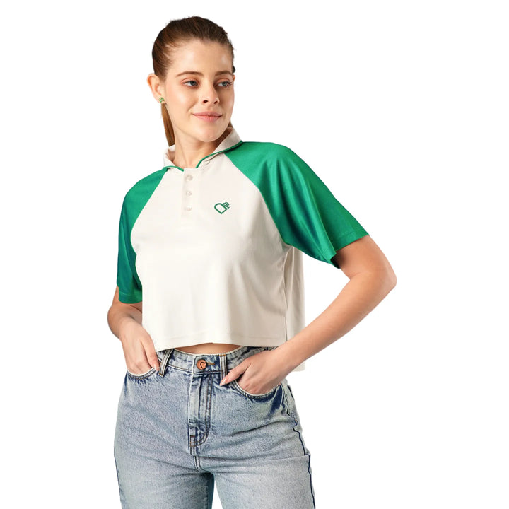 White Boxy Fit Short Sleeve Women's Cropped Polo T-Shirt By Being Human Clothing