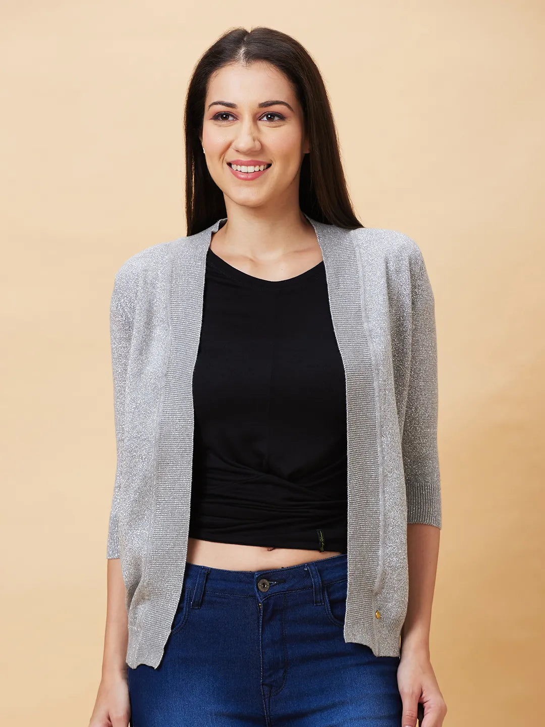 Being Human Clothing Women Regular Fit  Shrug-Grey Melange+Silver Lurex