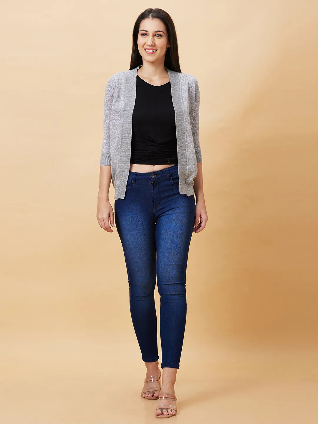 Being Human Clothing Women Regular Fit  Shrug-Grey Melange+Silver Lurex