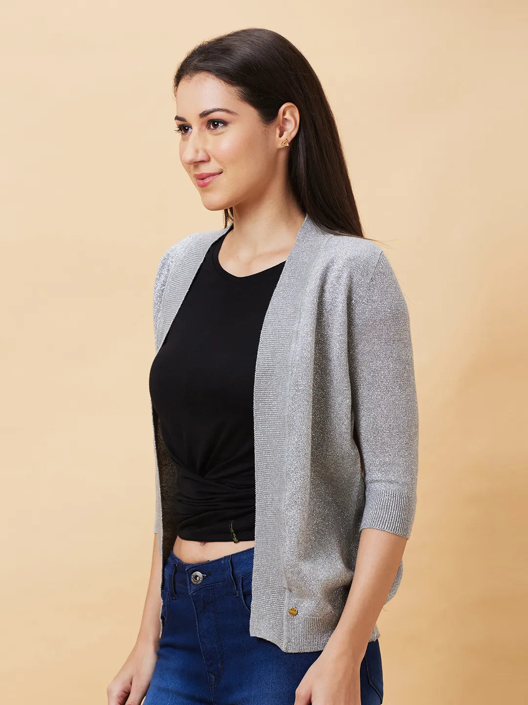 Being Human Clothing Women Regular Fit  Shrug-Grey Melange+Silver Lurex