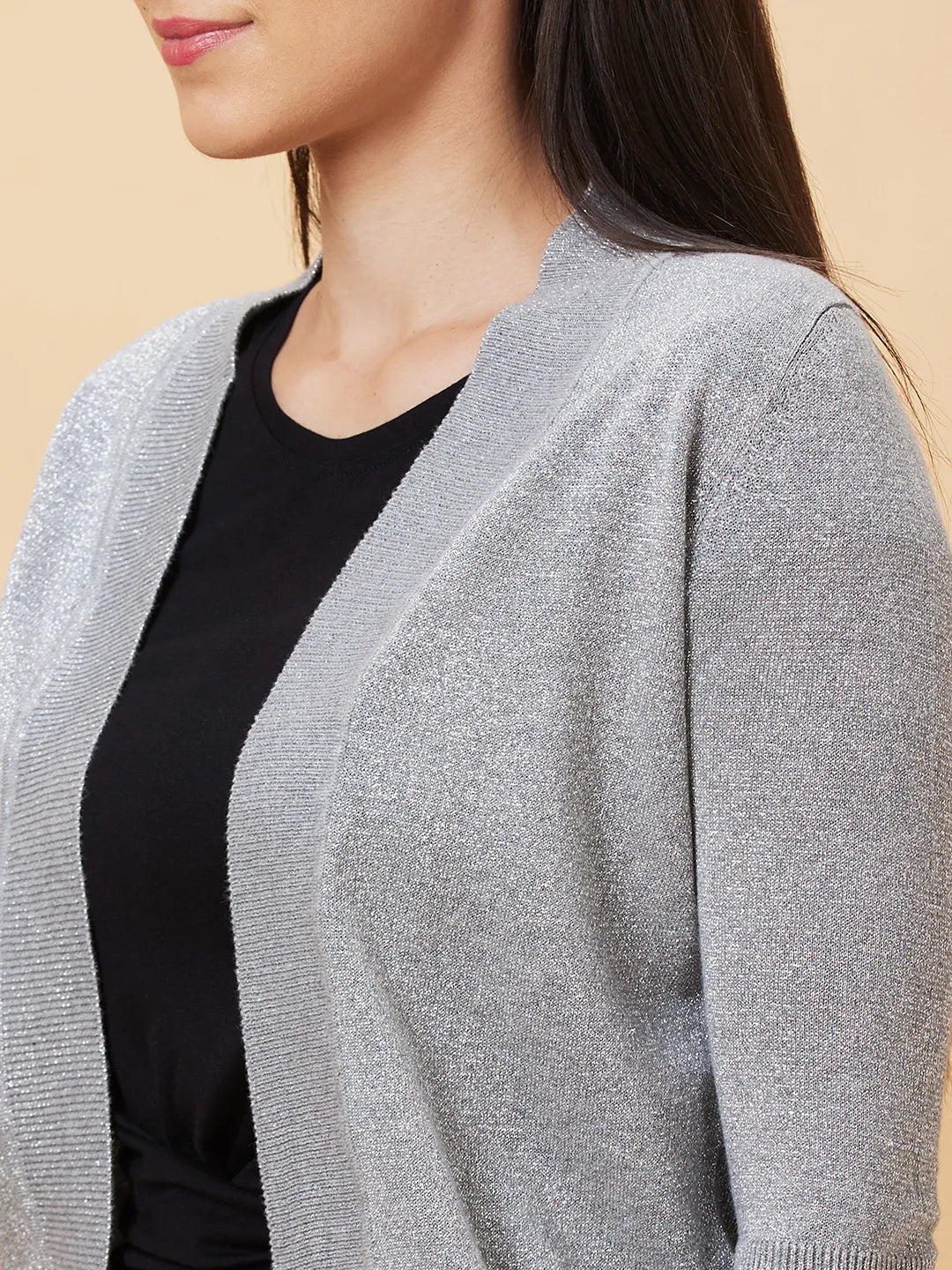 Being Human Clothing Women Regular Fit  Shrug-Grey Melange+Silver Lurex