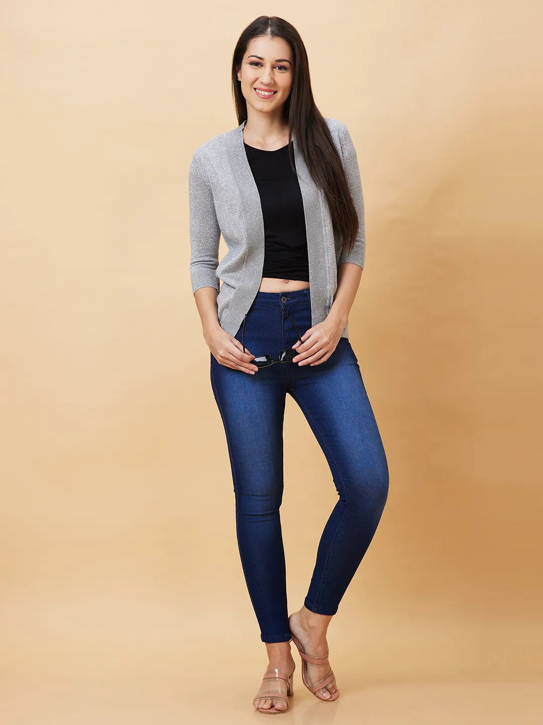 Being Human Clothing Women Regular Fit  Shrug-Grey Melange+Silver Lurex