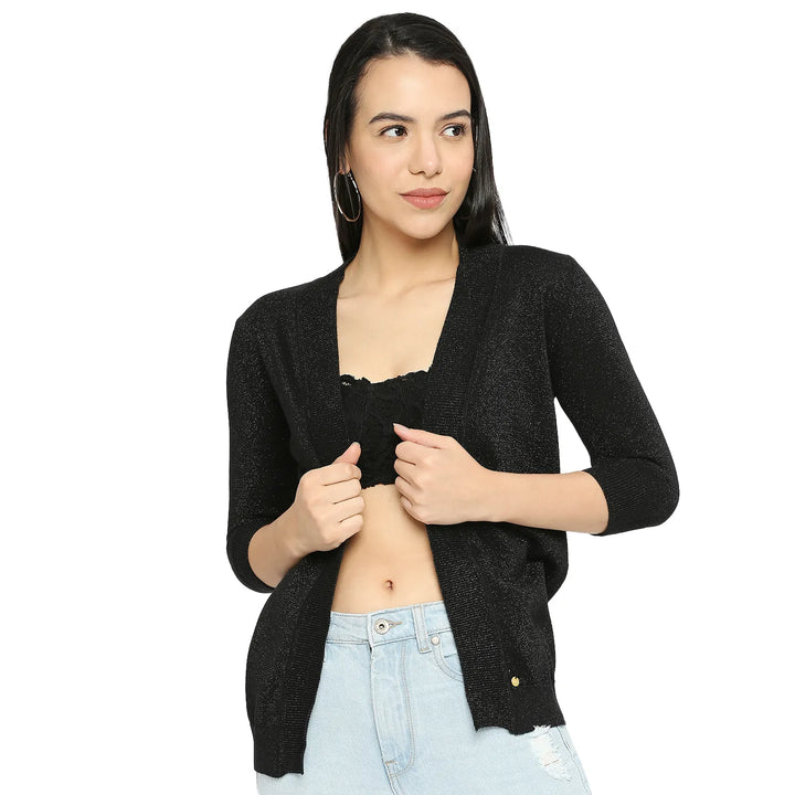 Black & Black Lurex Solid Full Sleeve Open Front Women's Shrug By Being Human Clothing