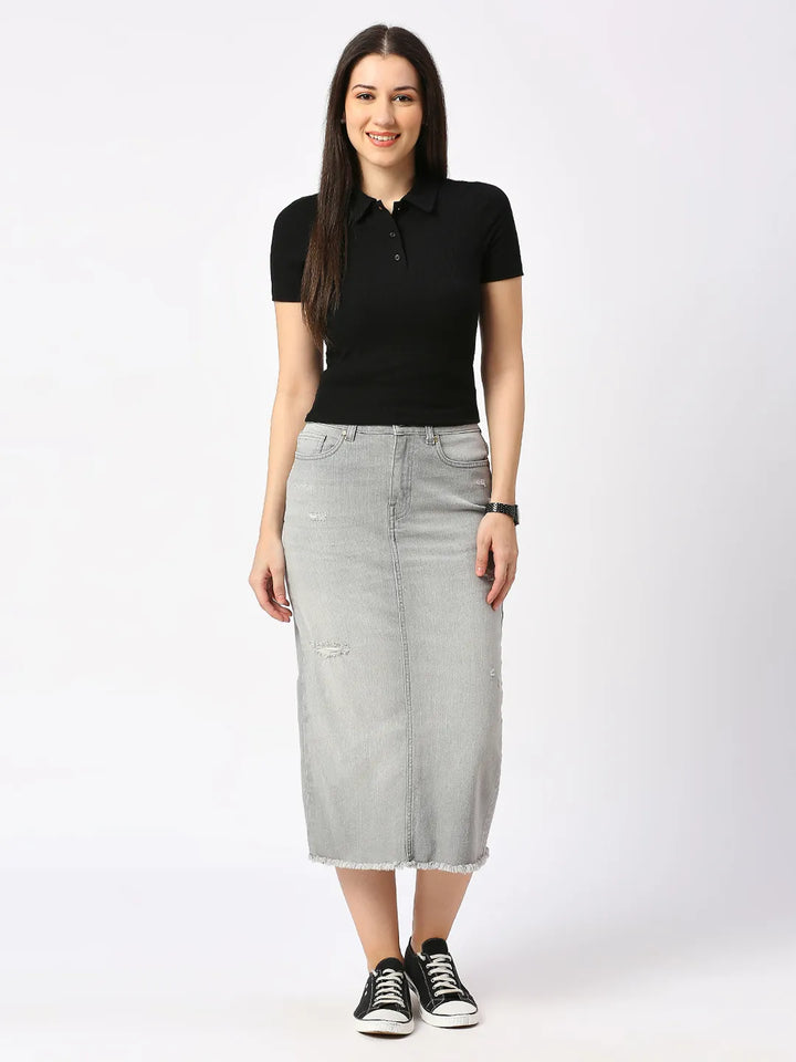 Grey Straight High Rise Women's Cotton Skirt By Being Human Clothing