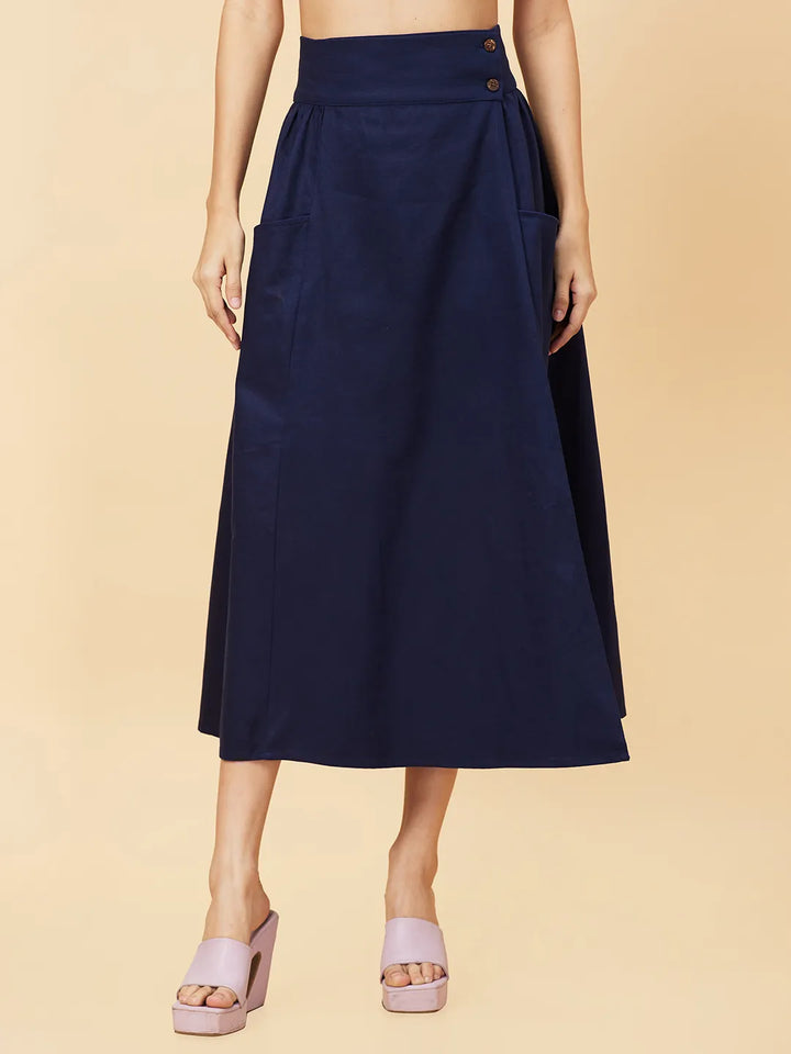 Blue Flared Regular Fit Women's Cotton Blend Skirt