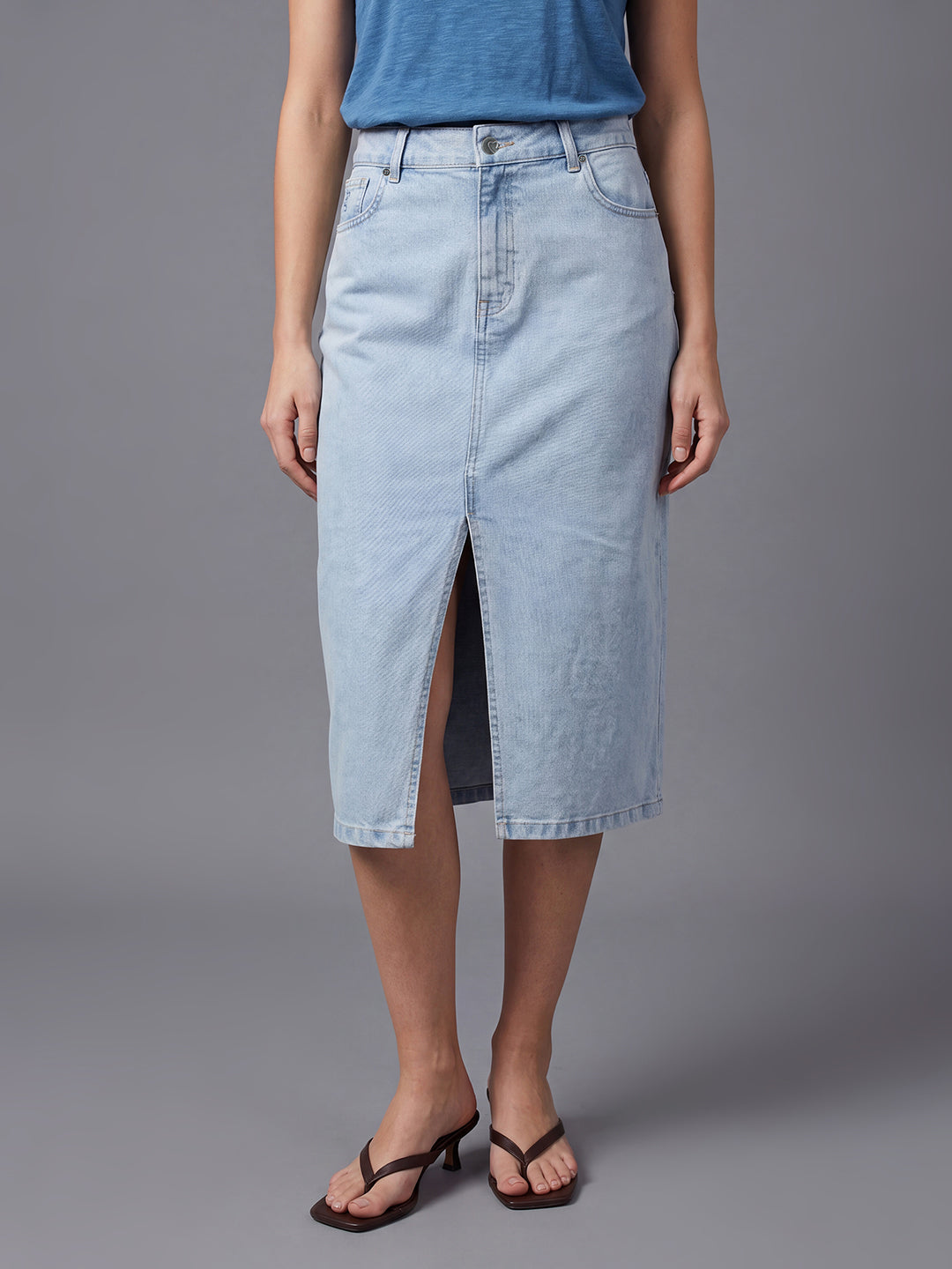 Blue Straight Fit Solid High Rise Women's Skirt by Being Human Clothing