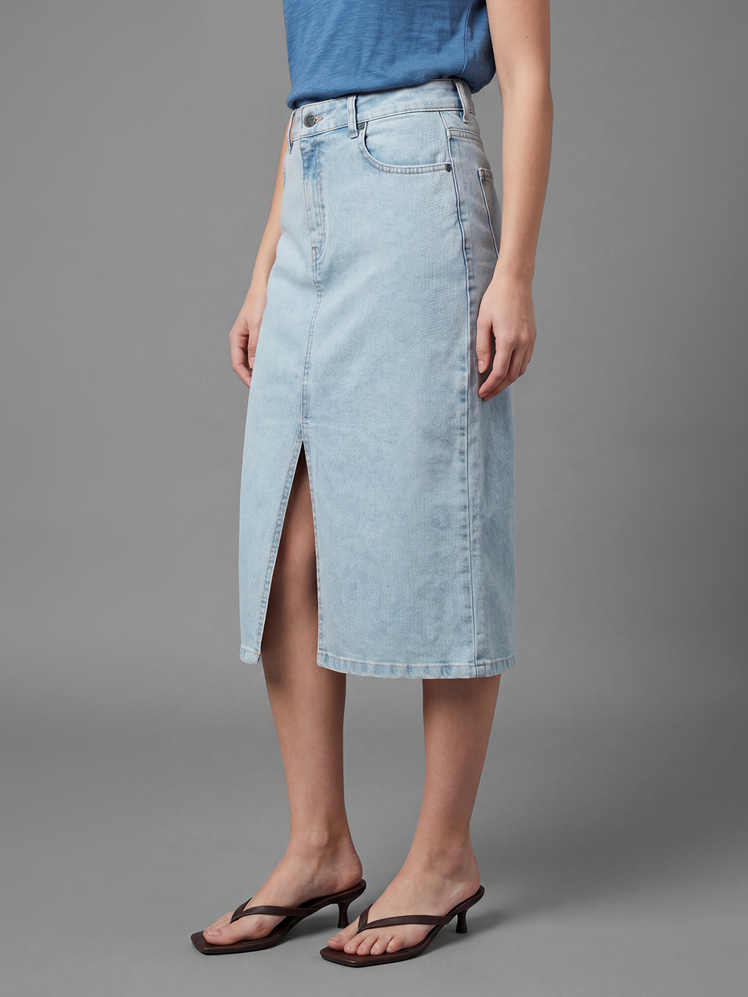 Blue Straight Fit Solid High Rise Women's Skirt by Being Human Clothing