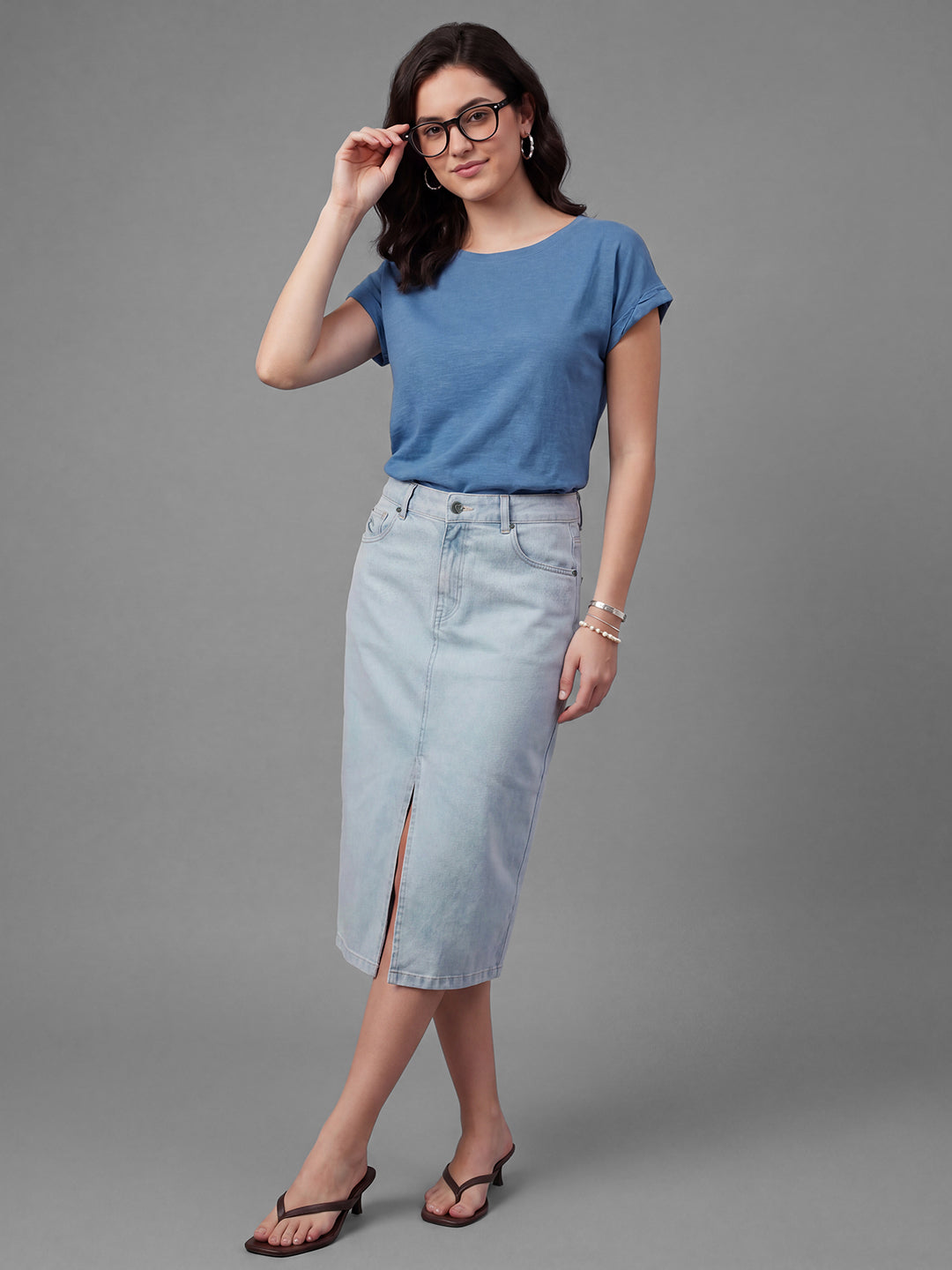 Blue Straight Fit Solid High Rise Women's Skirt by Being Human Clothing