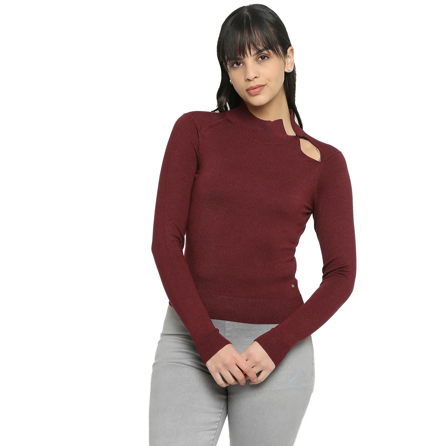 Women Slim Crop Fit Sweater-Port Wine by Being Human Clothing