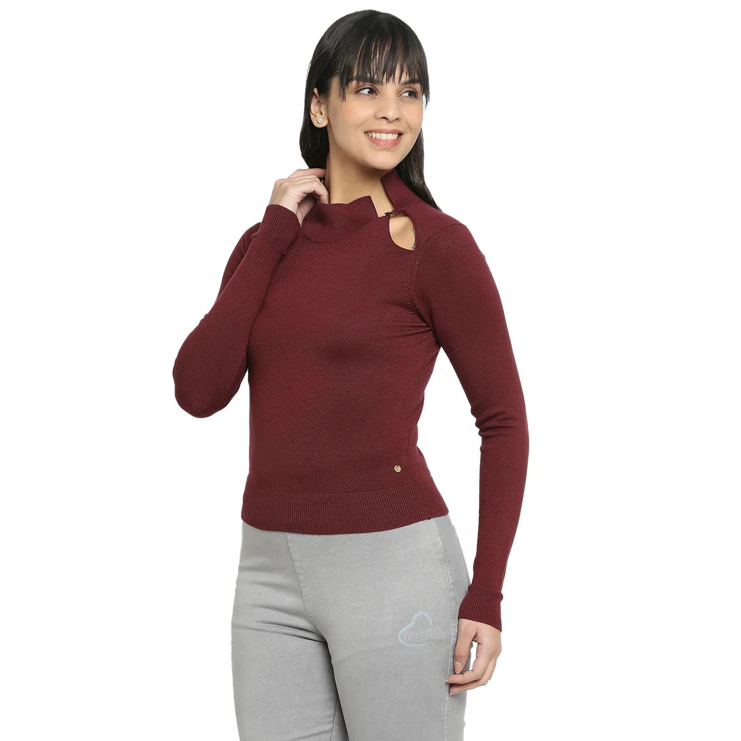 Women Slim Crop Fit Sweater-Port Wine by Being Human Clothing
