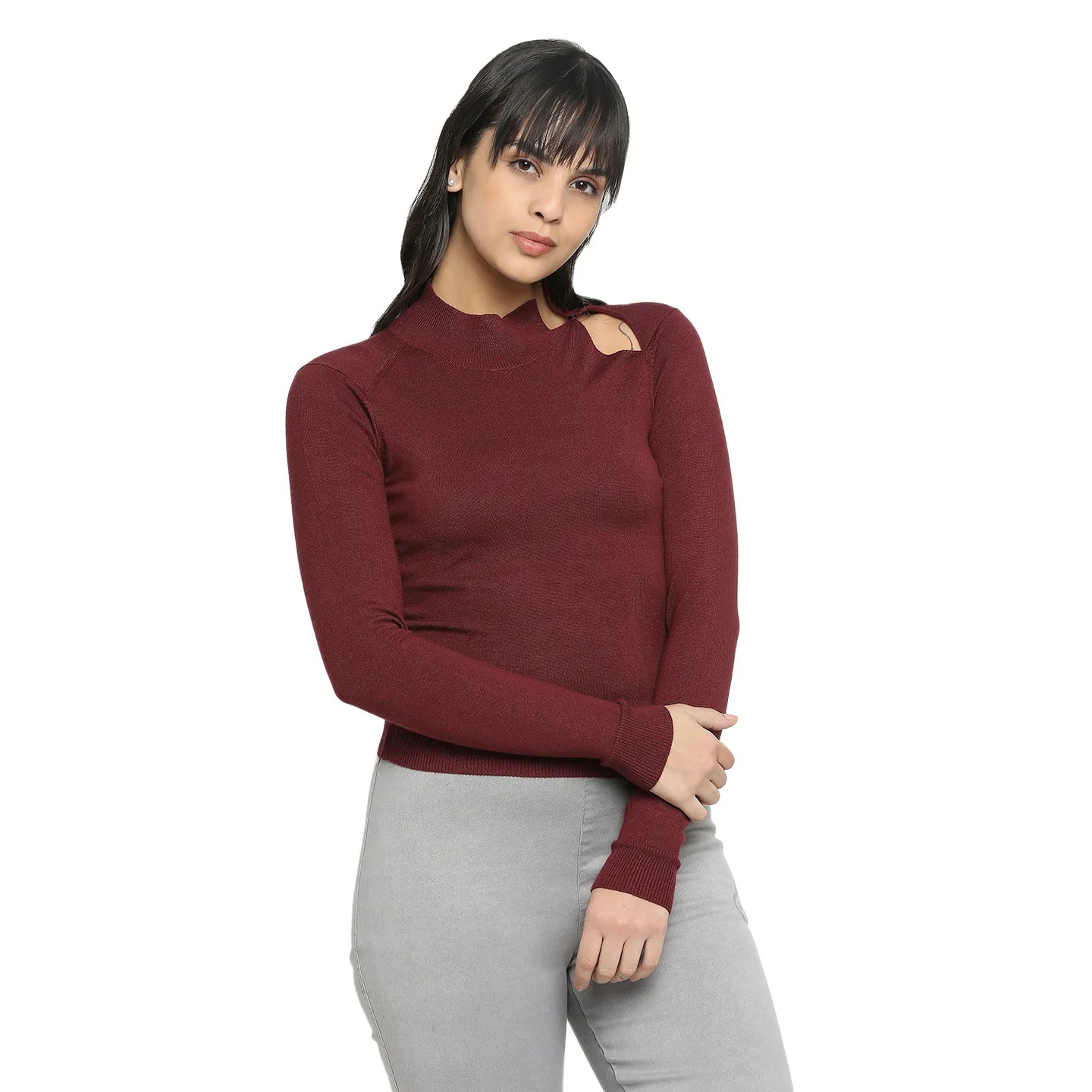 Women Slim Crop Fit Sweater-Port Wine by Being Human Clothing