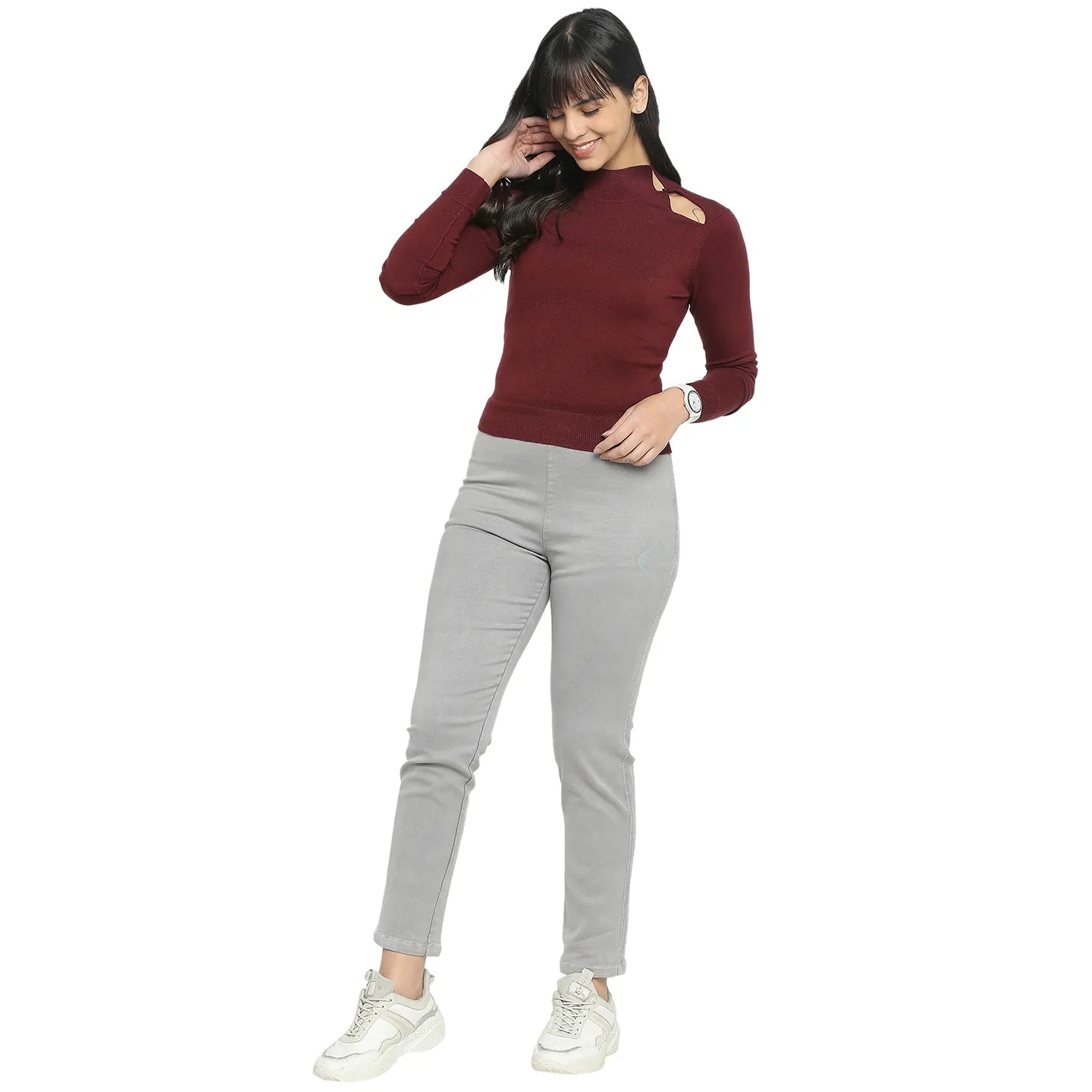 Women Slim Crop Fit Sweater-Port Wine by Being Human Clothing