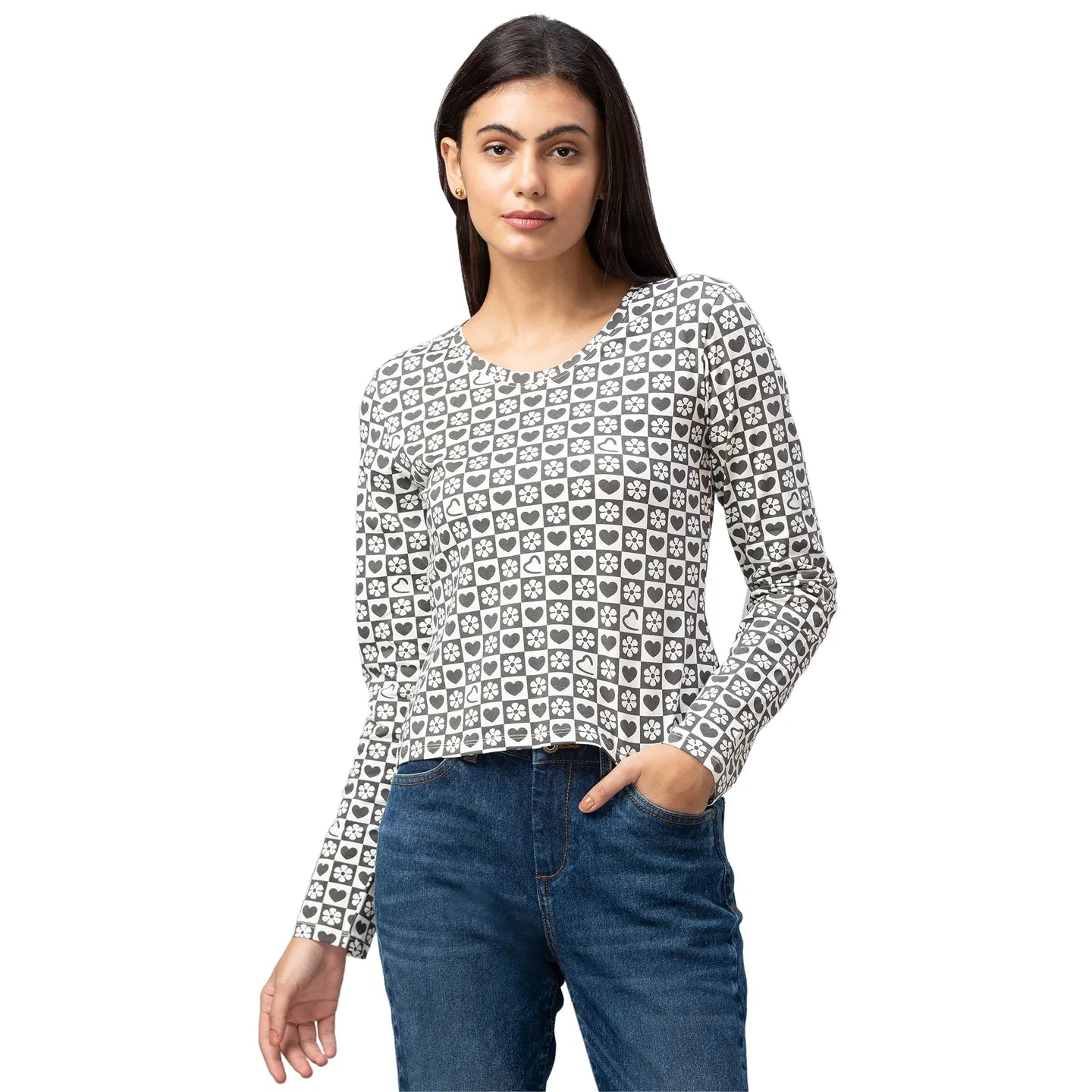 Being Human Clothing Crop Slim Fit  Women V-Neck T-Shirts-Charcoal & Antique White